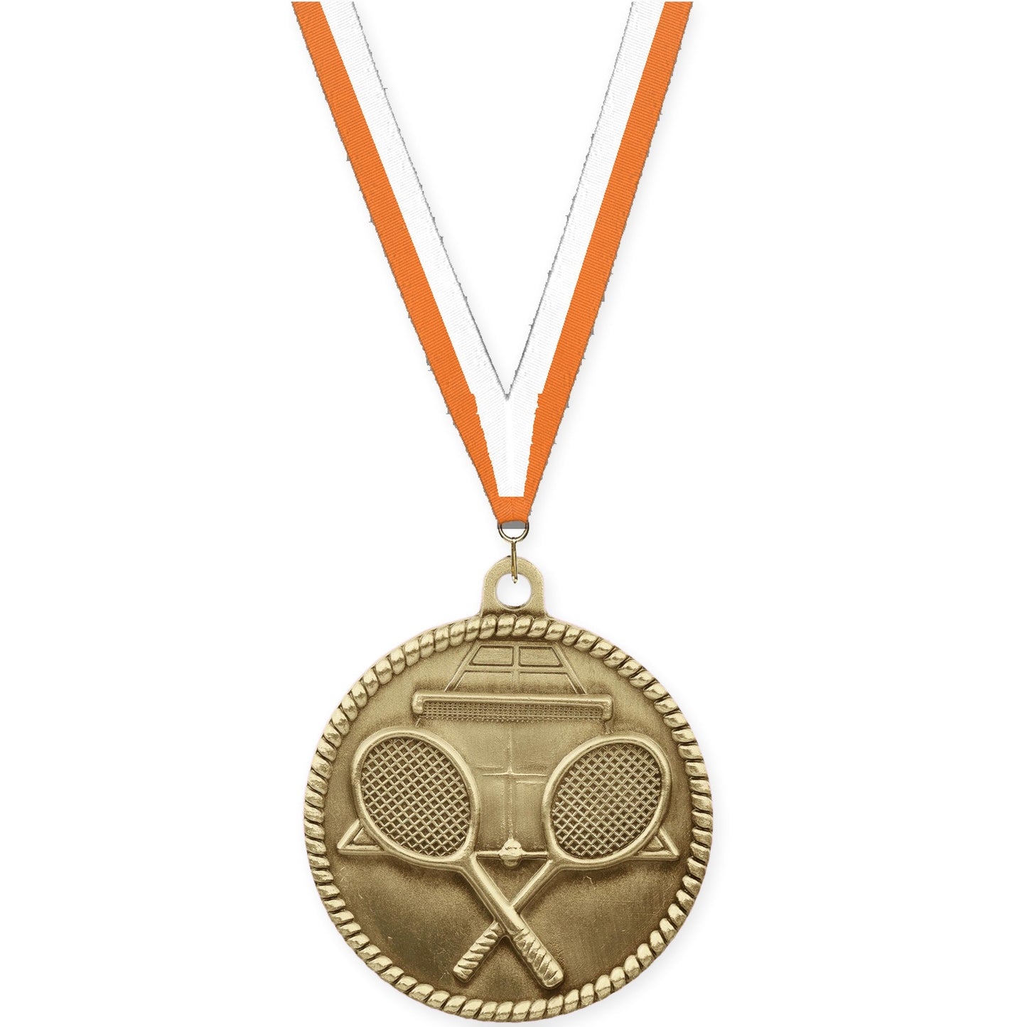 2 inch tennis High Relief medal in antique gold with Orange White neck ribbon
