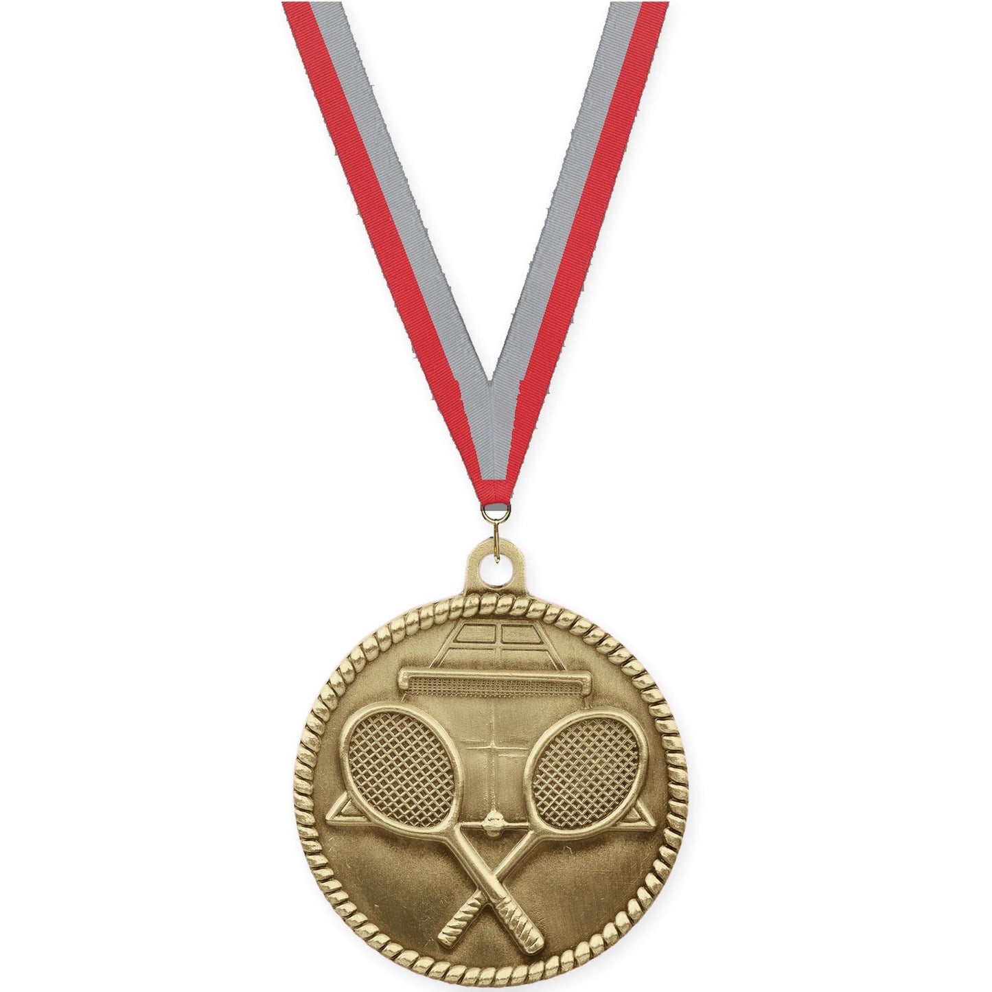 2 inch tennis High Relief medal in antique gold with Red Gray neck ribbon