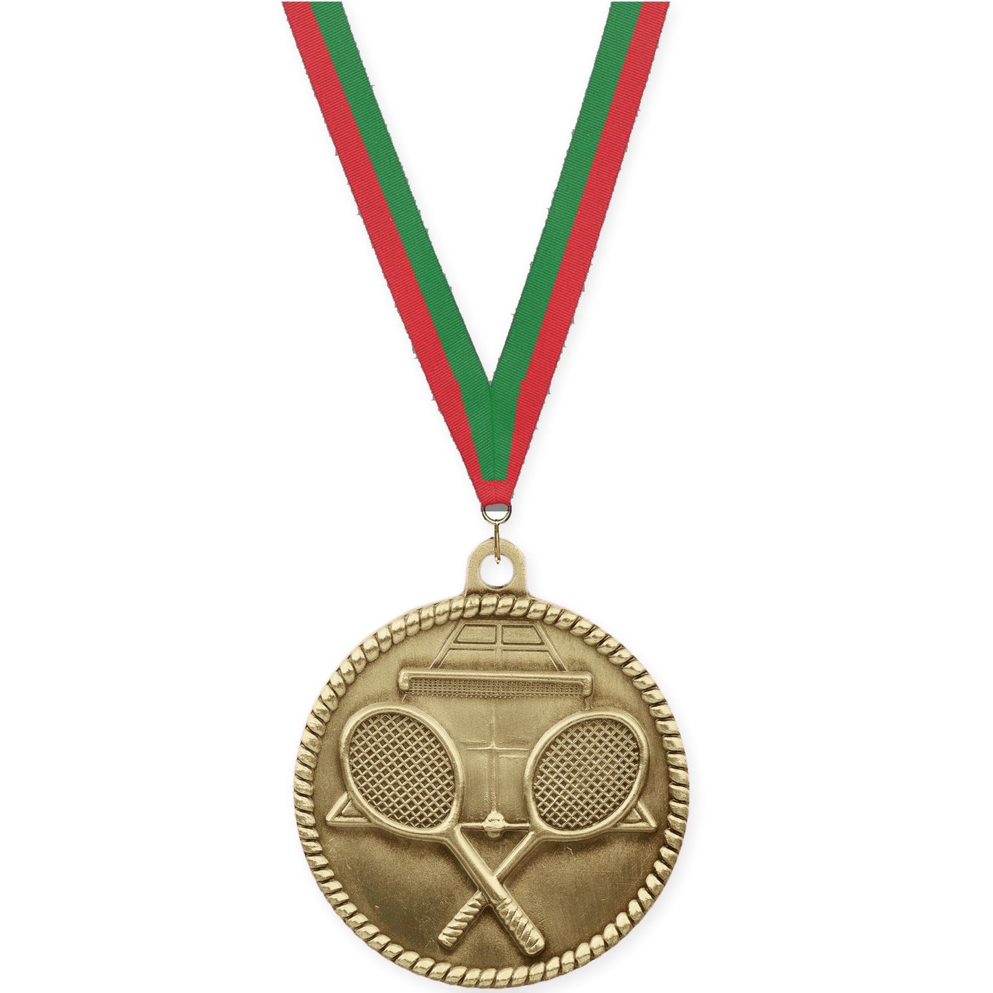 2 inch tennis High Relief medal in antique gold with Red Green neck ribbon