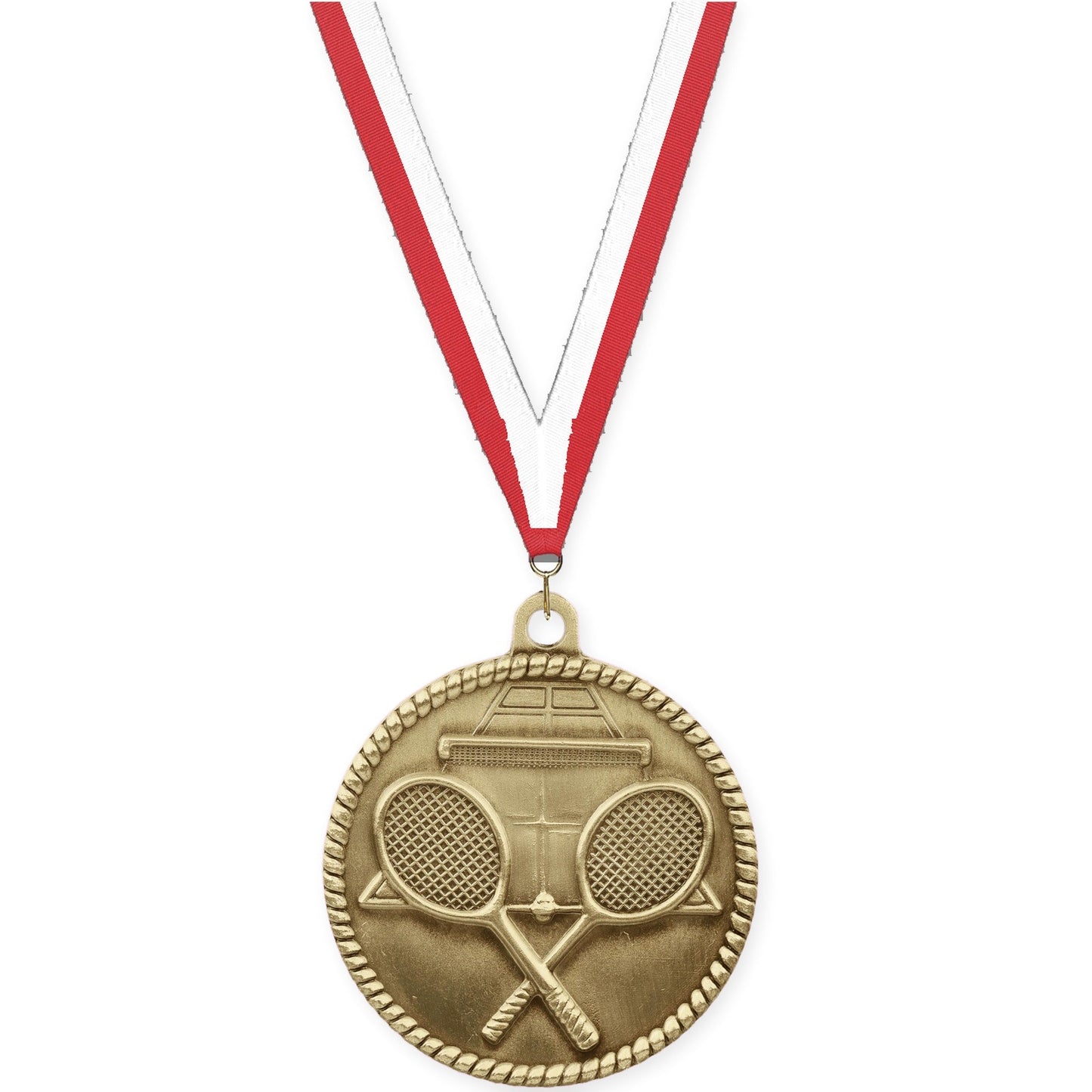 2 inch tennis High Relief medal in antique gold with Red White neck ribbon