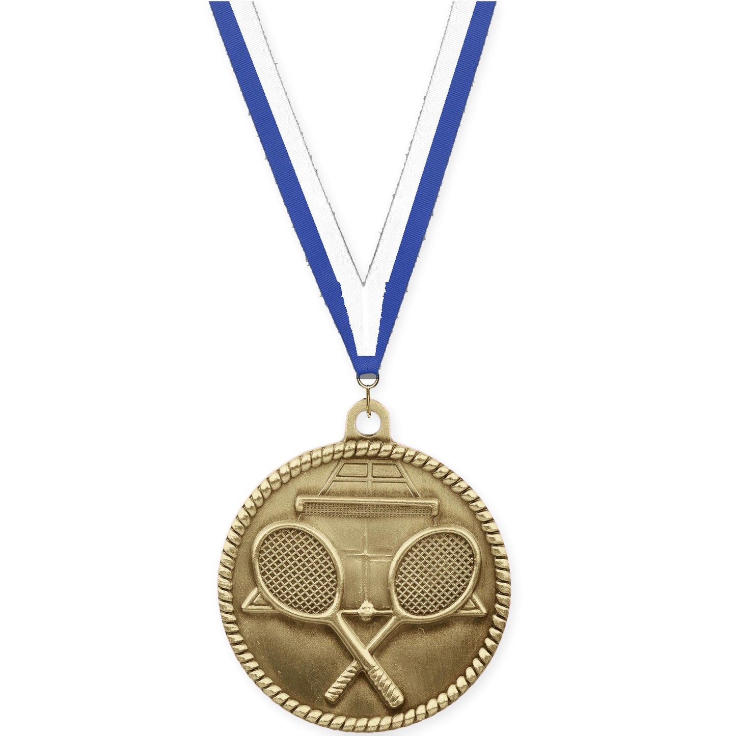 2 inch tennis High Relief medal in antique gold with Blue White neck ribbon