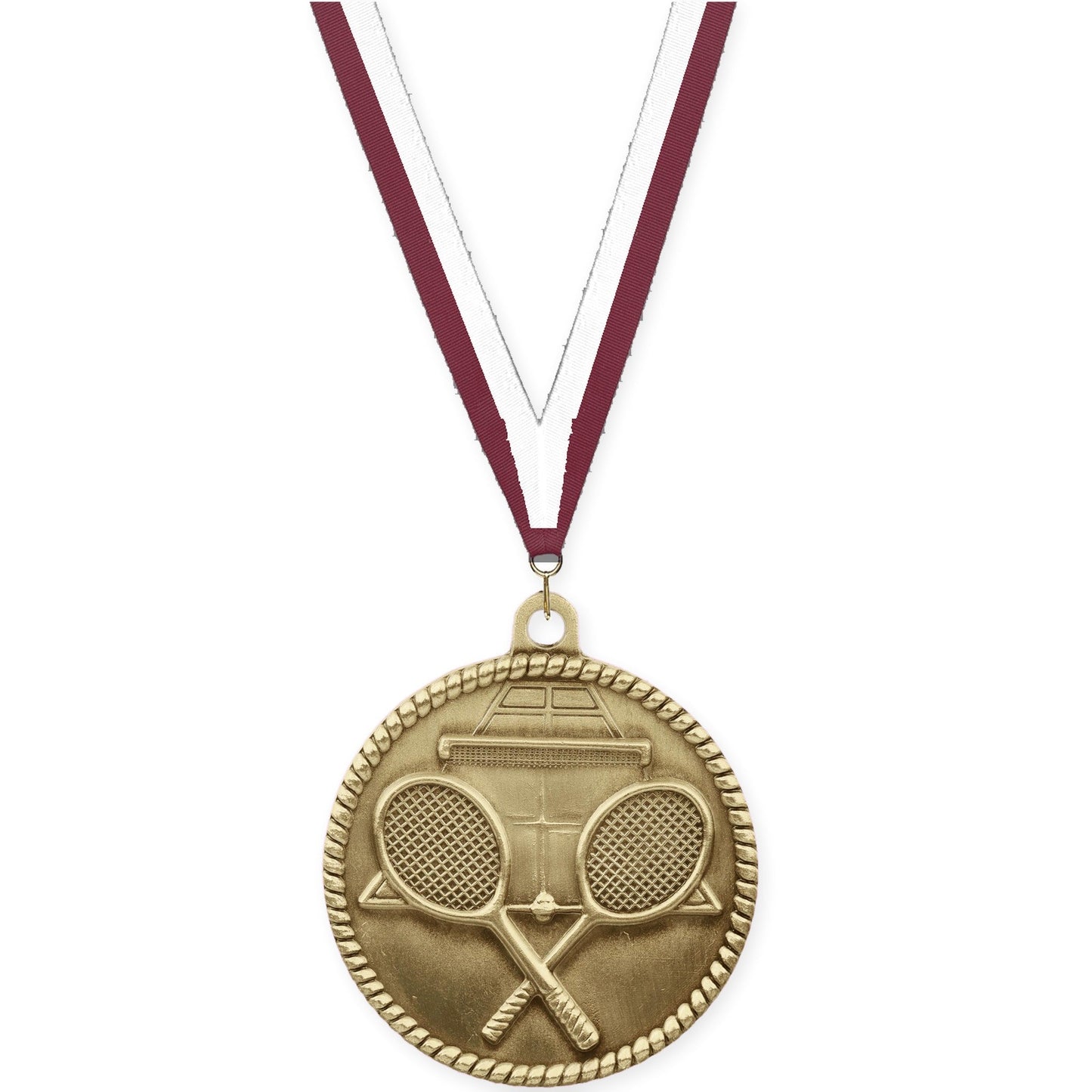 2 inch tennis High Relief medal in antique gold with Maroon White neck ribbon