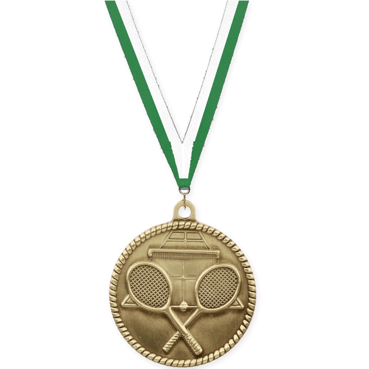 2 inch tennis High Relief medal in antique gold with Green White neck ribbon