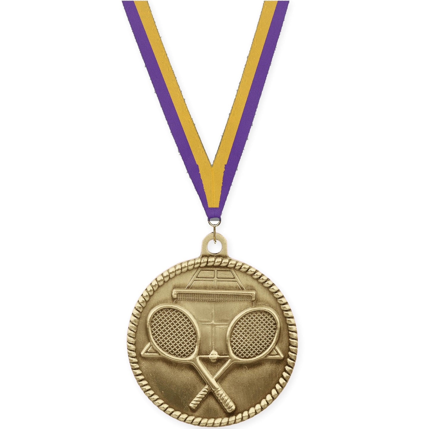2 inch tennis High Relief medal in antique gold with Purple Gold neck ribbon