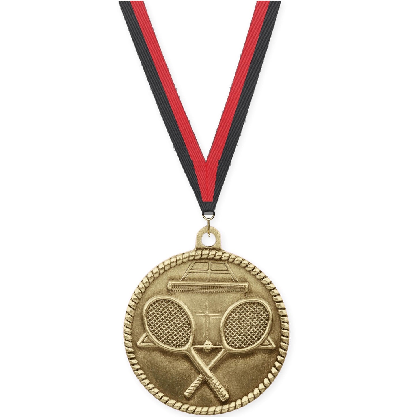 2 inch tennis High Relief medal in antique gold with Black Red neck ribbon