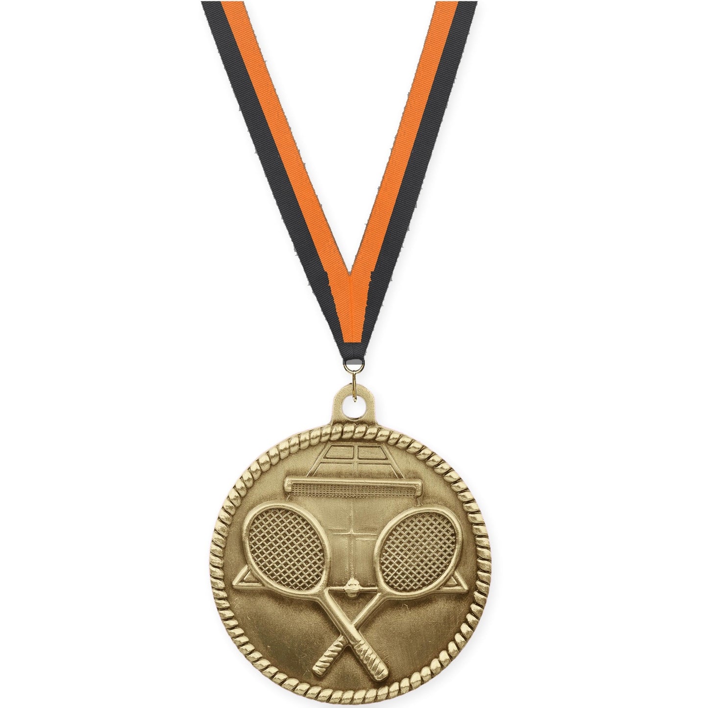 2 inch tennis High Relief medal in antique gold with Black Orange neck ribbon