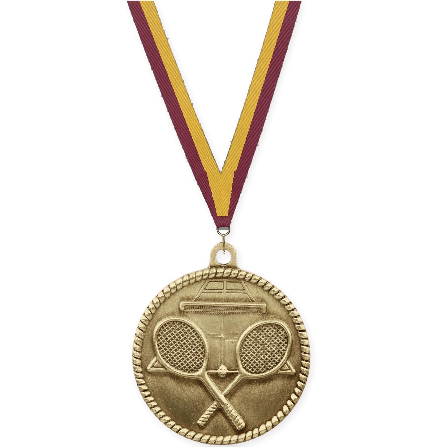 2 inch tennis High Relief medal in antique gold with Maroon Gold neck ribbon