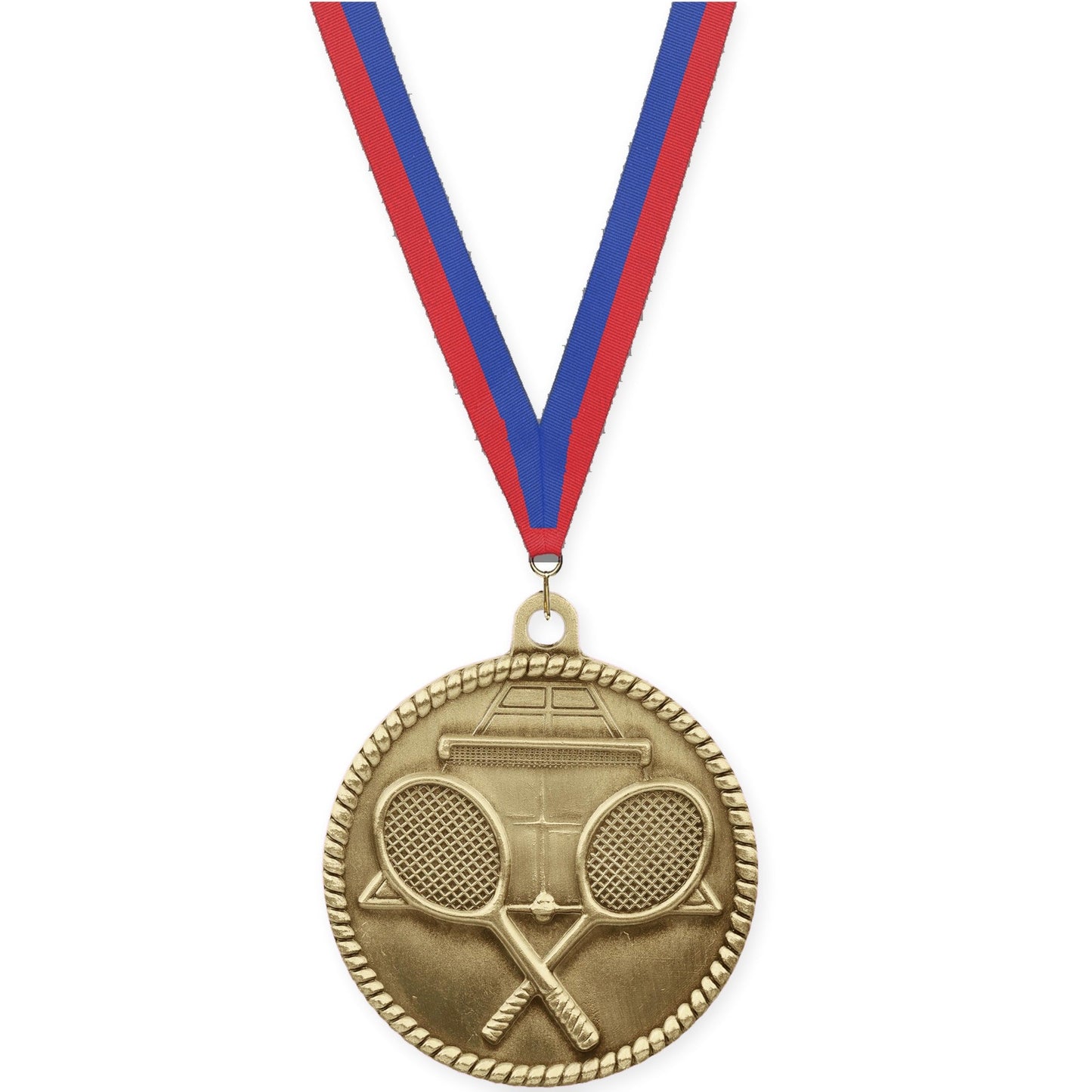 2 inch tennis High Relief medal in antique gold with Blue Red neck ribbon