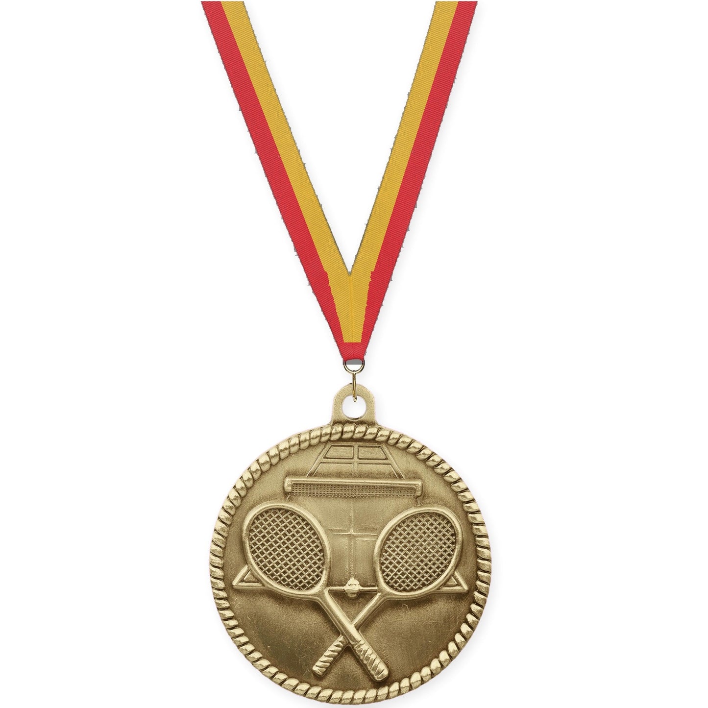 2 inch tennis High Relief medal in antique gold with Red Gold neck ribbon