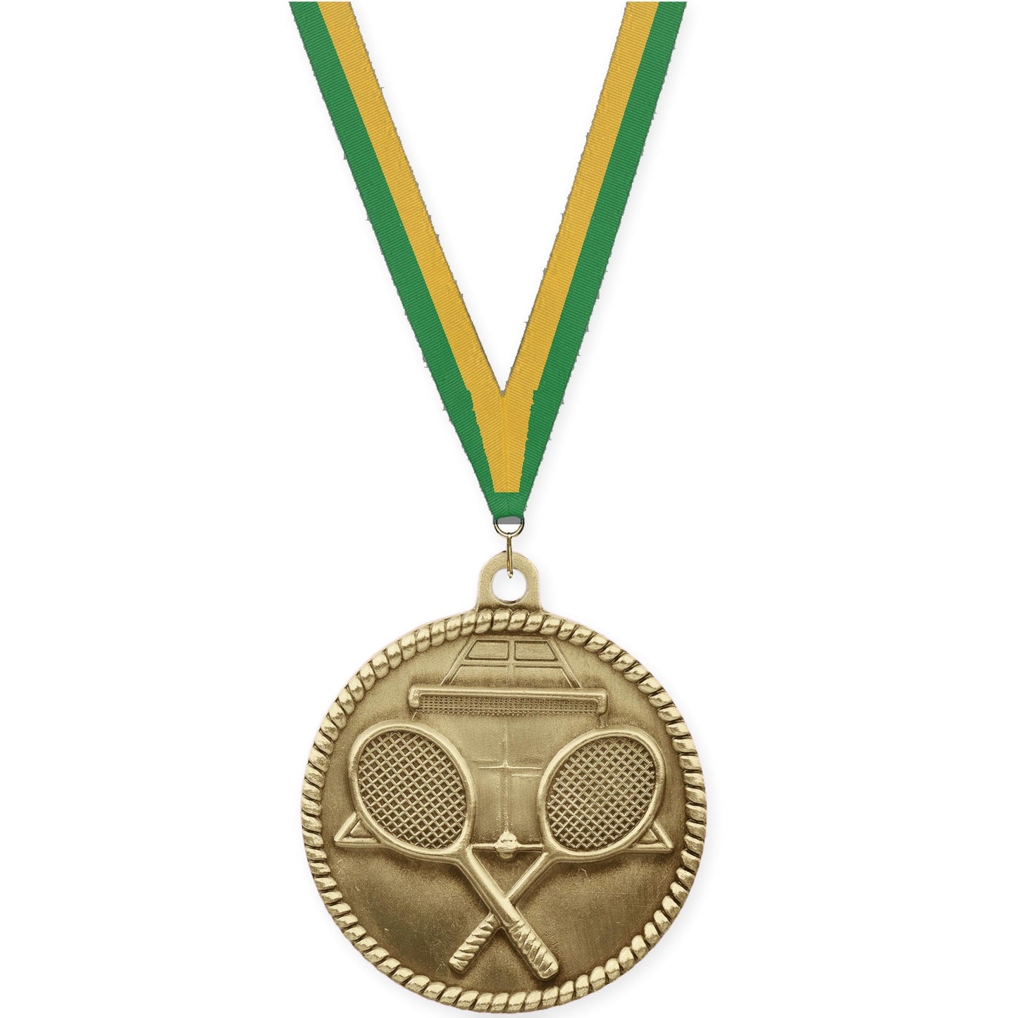 2 inch tennis High Relief medal in antique gold with Green Gold neck ribbon