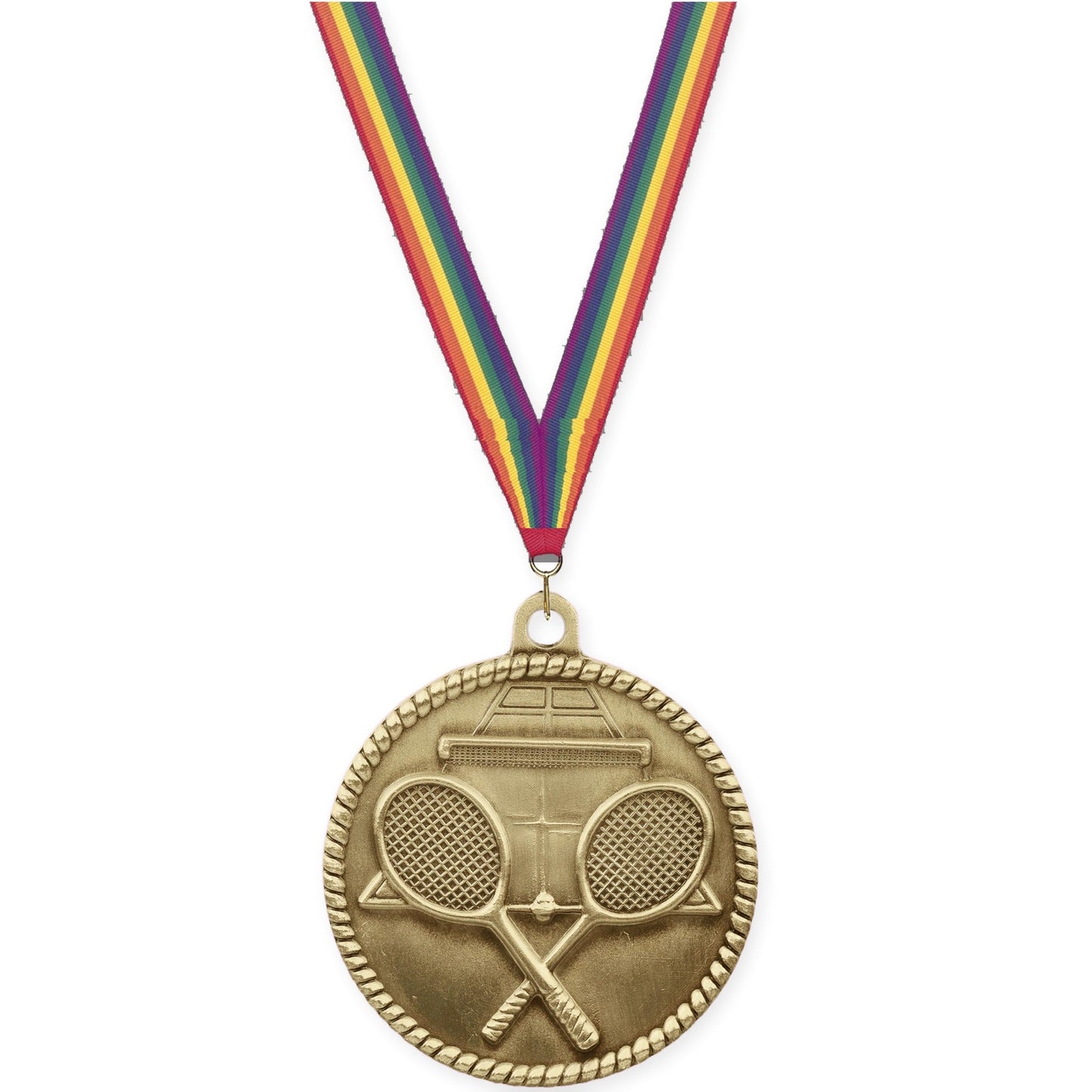 2 inch tennis High Relief medal in antique gold with Rainbow neck ribbon