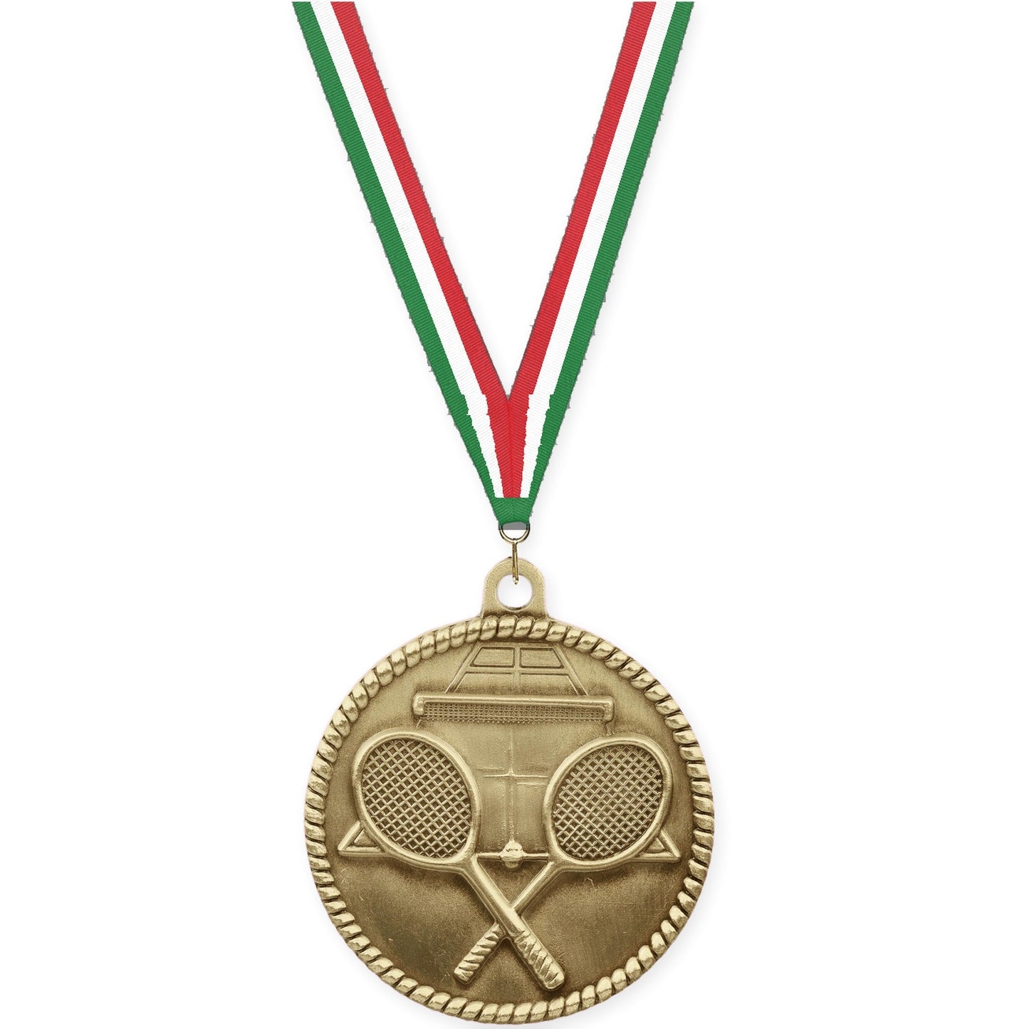 2 inch tennis High Relief medal in antique gold with Green White Red neck ribbon