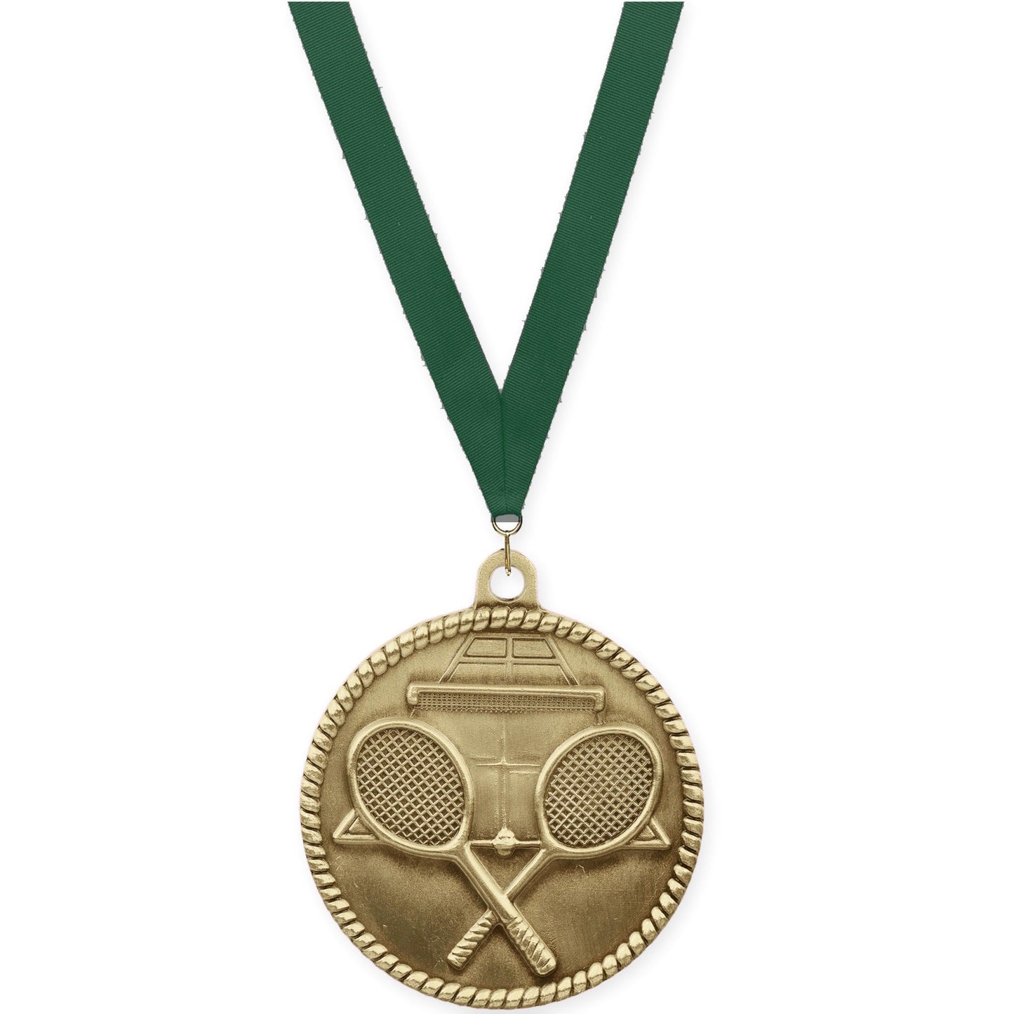 2 inch tennis High Relief medal in antique gold with Hunter Green neck ribbon