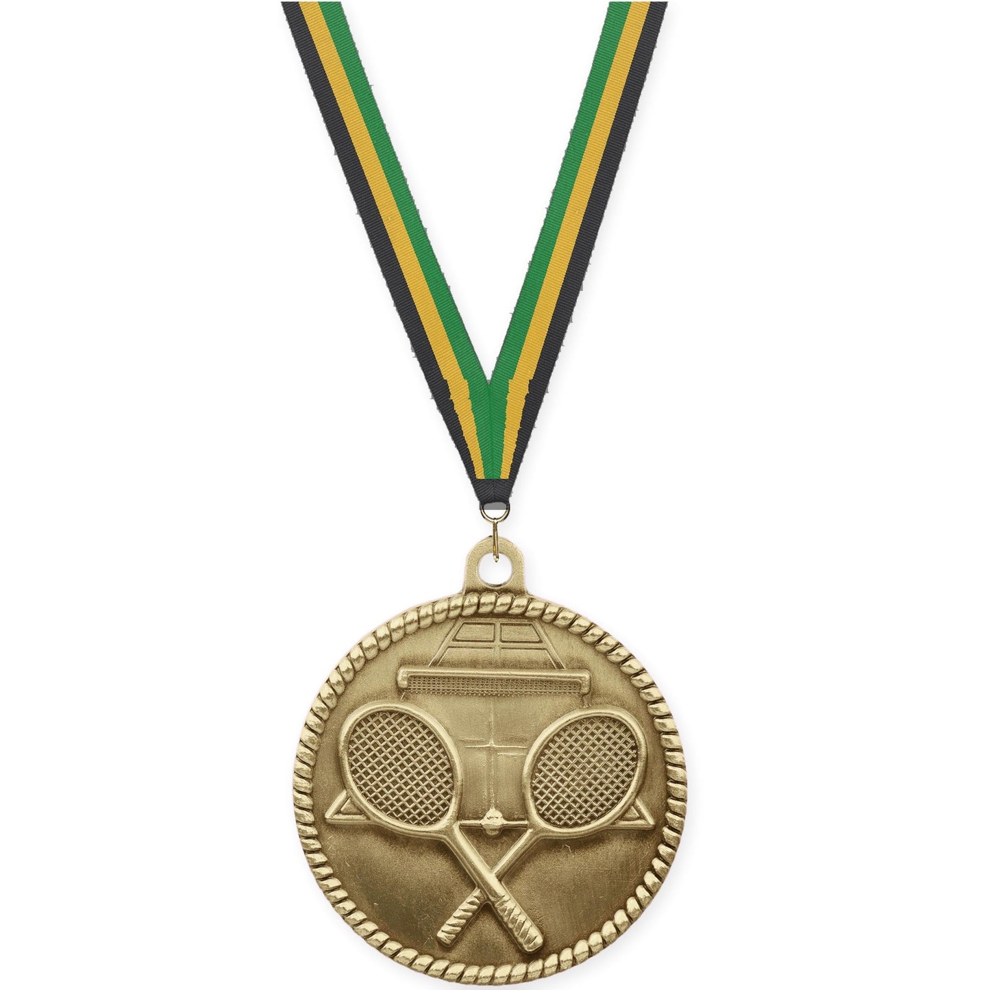 2 inch tennis High Relief medal in antique gold with Black Gold Green neck ribbon