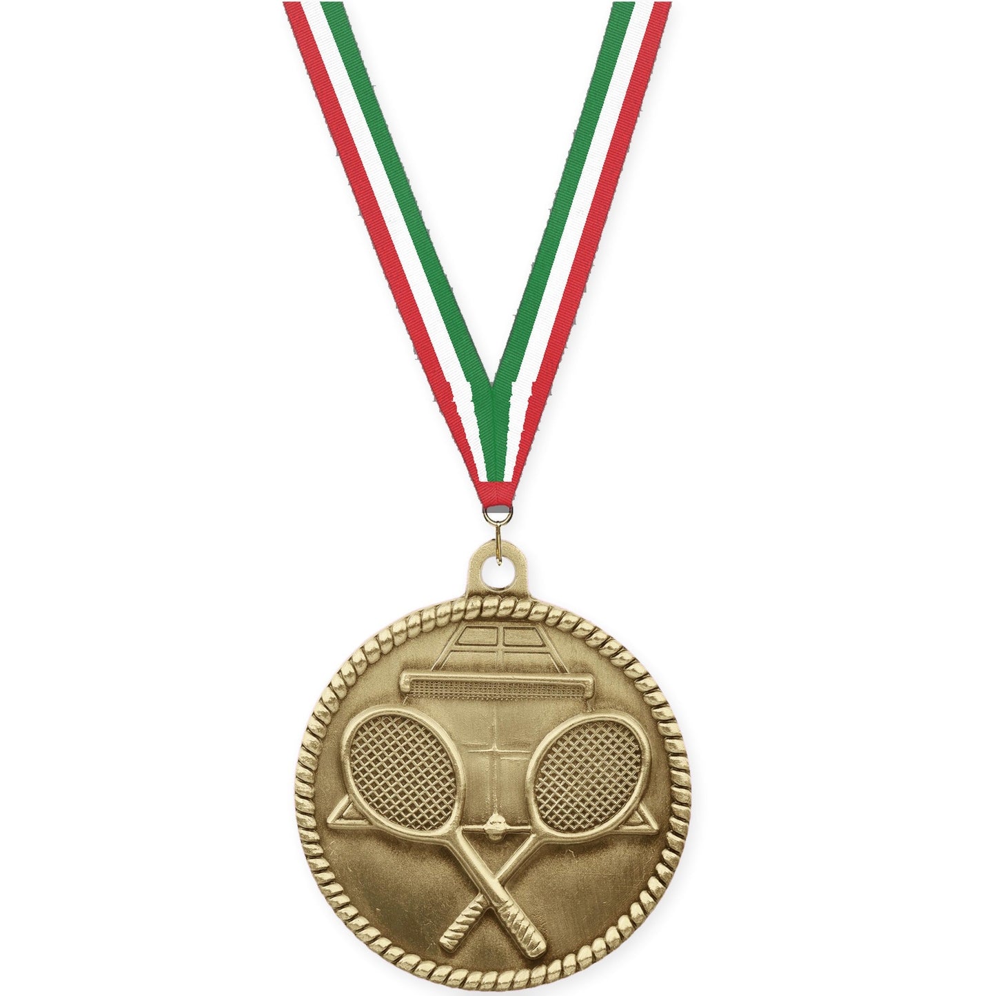 2 inch tennis High Relief medal in antique gold with Red White Green neck ribbon