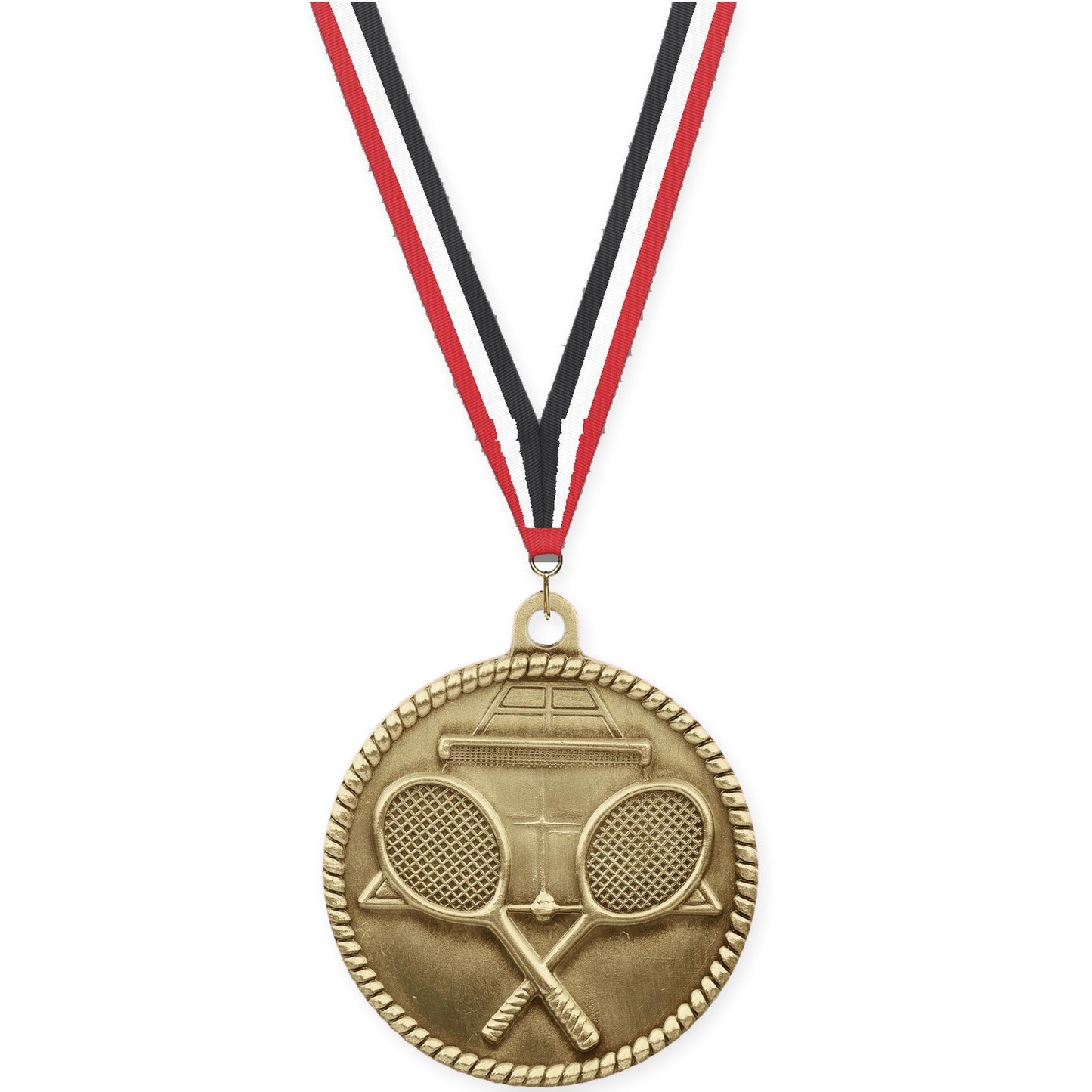 2 inch tennis High Relief medal in antique gold with Red White Black neck ribbon