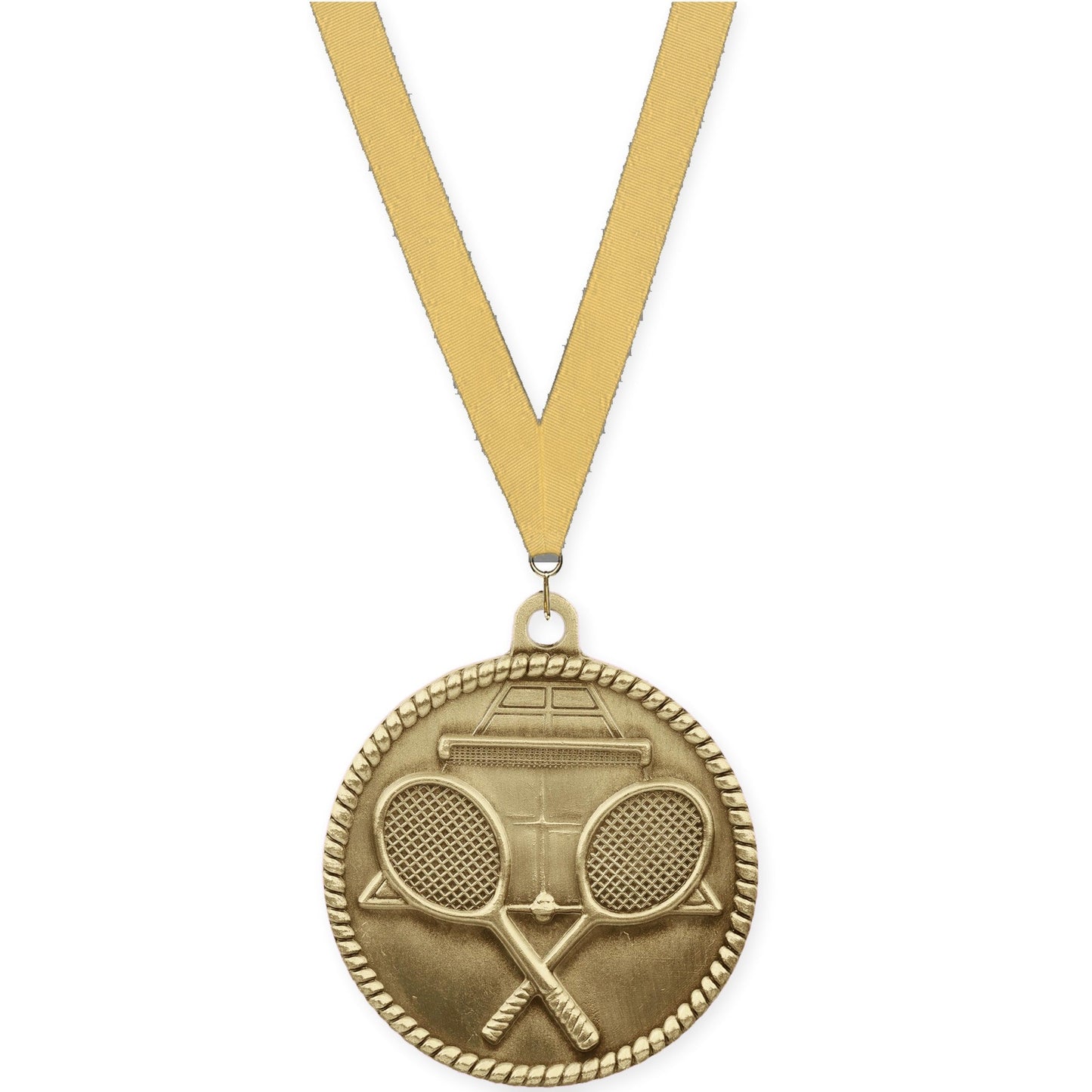2 inch tennis High Relief medal in antique gold with Gold Metallic neck ribbon