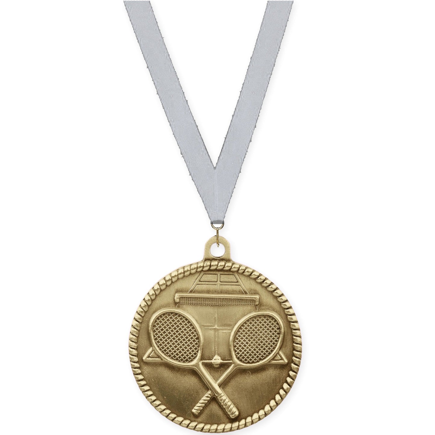 2 inch tennis High Relief medal in antique gold with Silver Metallic neck ribbon