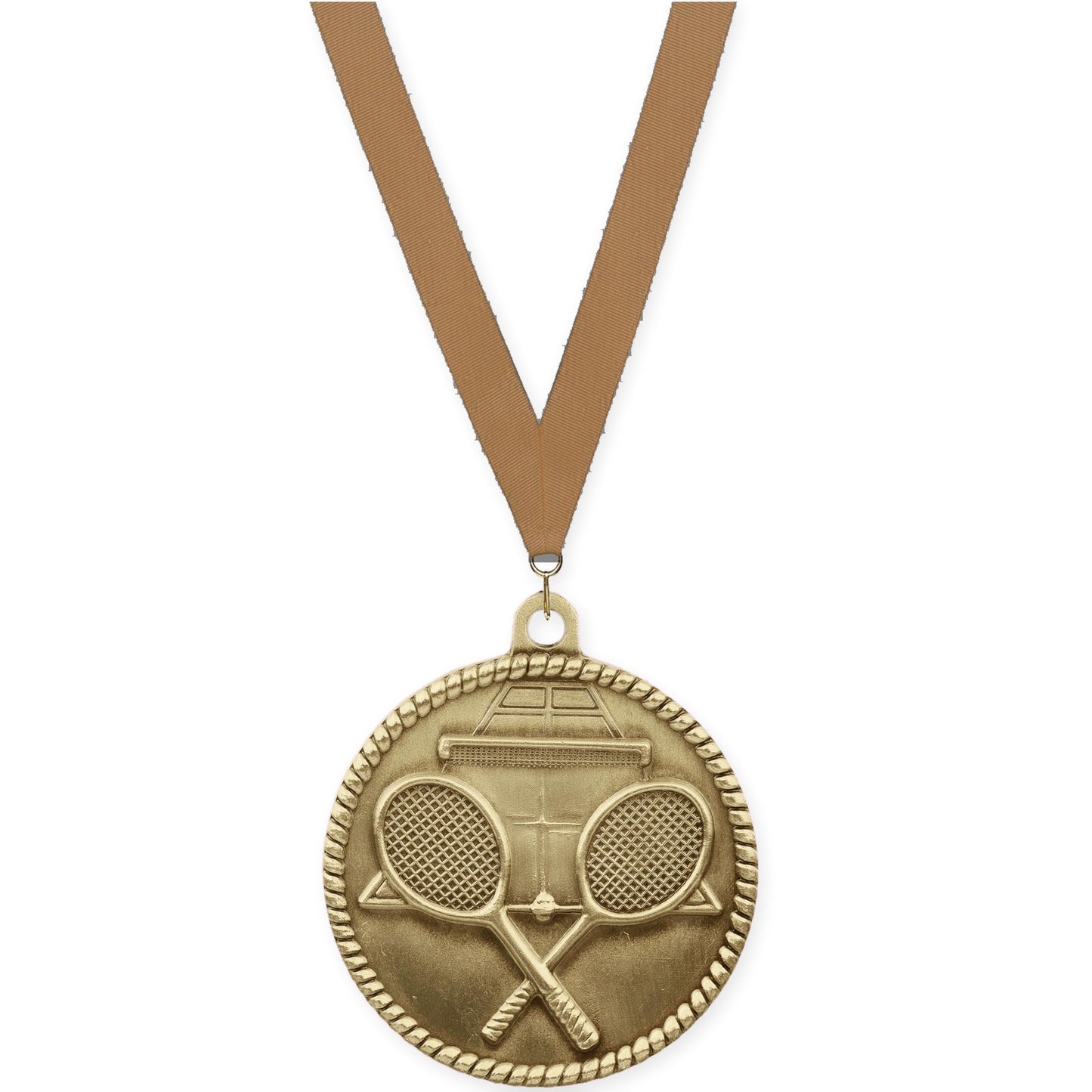 2 inch tennis High Relief medal in antique gold with Bronze Metallic neck ribbon