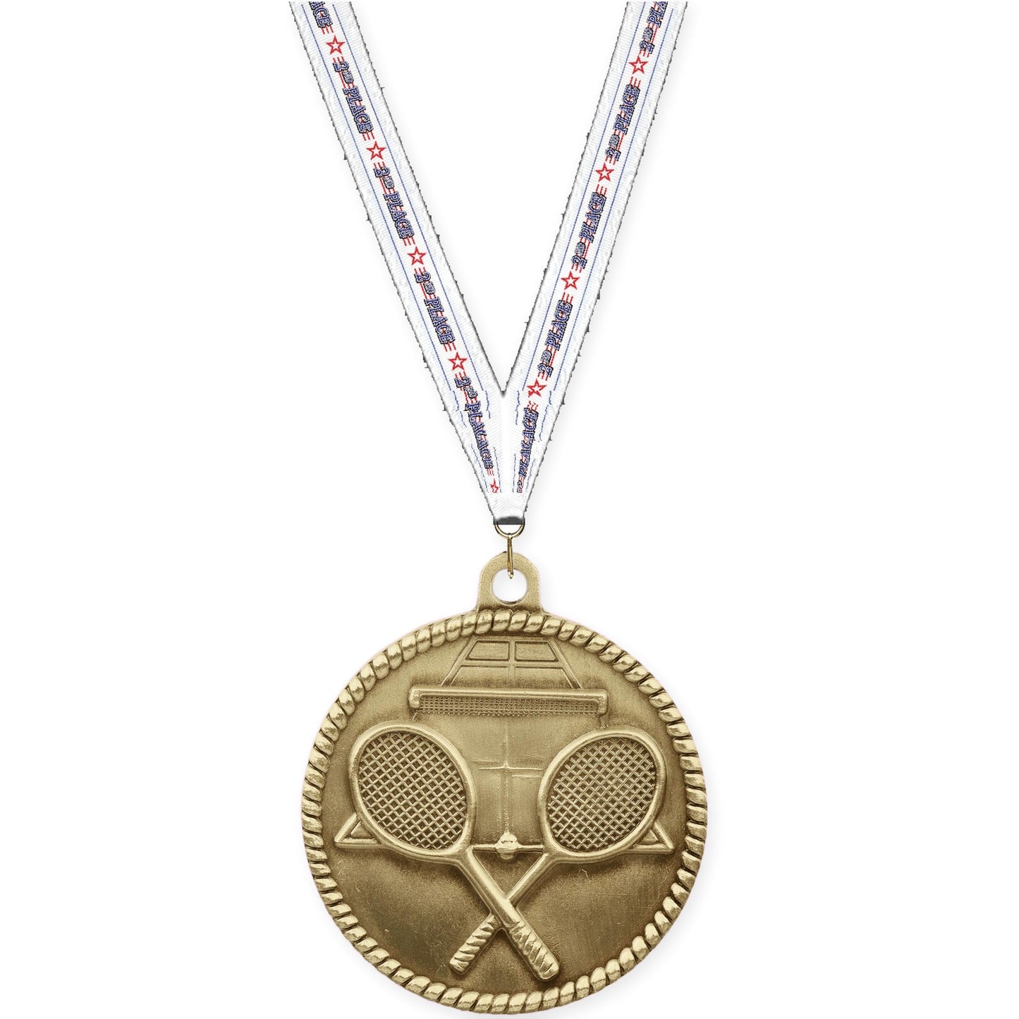2 inch tennis High Relief medal in antique gold with 2nd Place neck ribbon