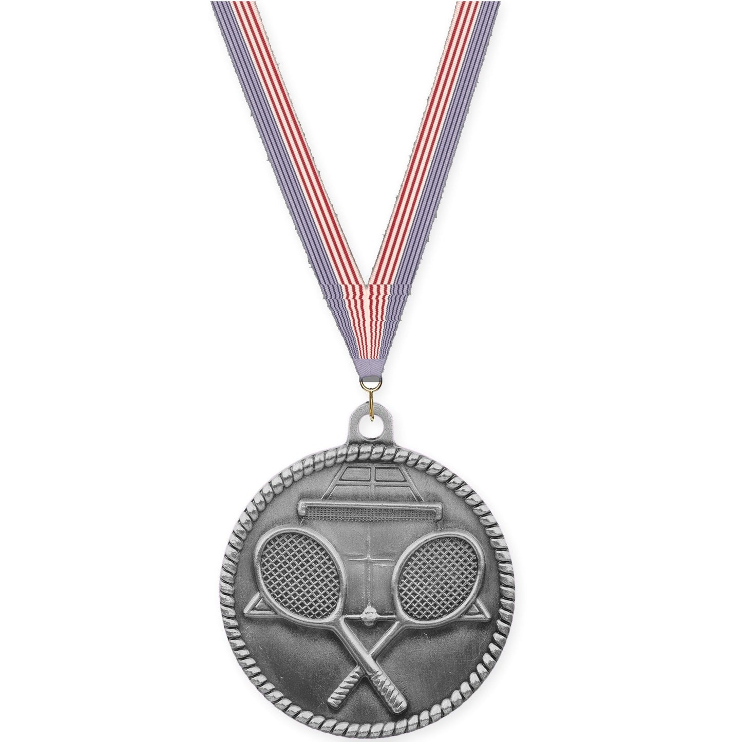 2 inch tennis High Relief medal in antique silver with USA Flag neck ribbon