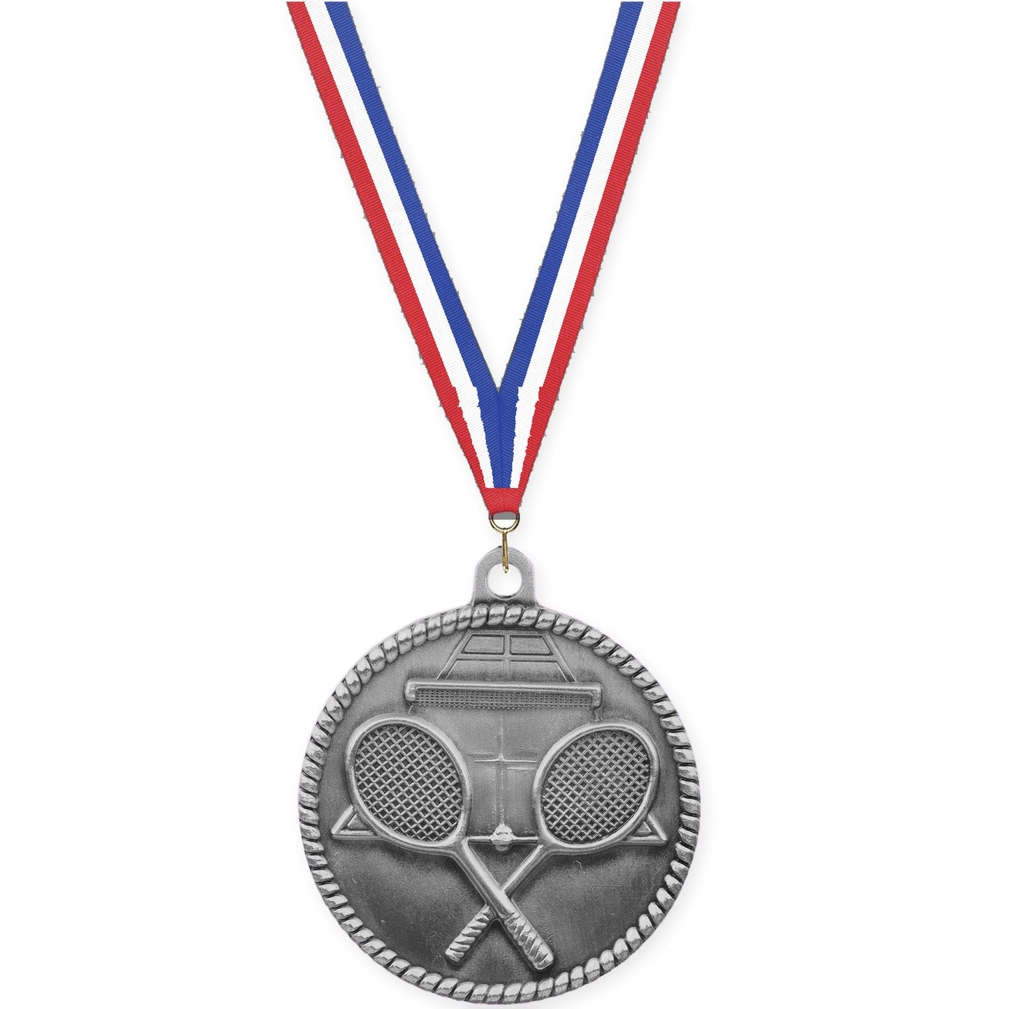 2 inch tennis High Relief medal in antique silver with Red White Blue neck ribbon