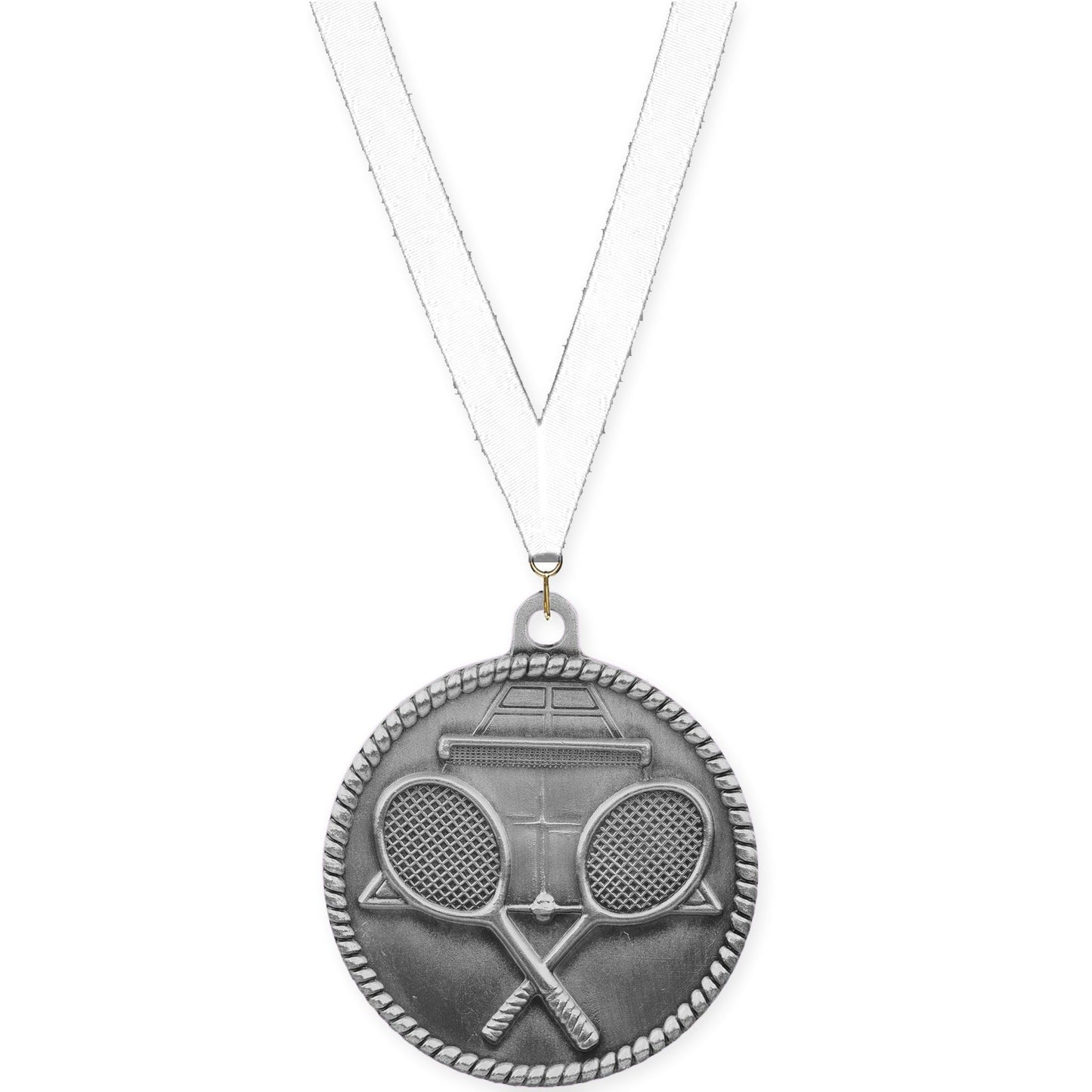2 inch tennis High Relief medal in antique silver with White neck ribbon