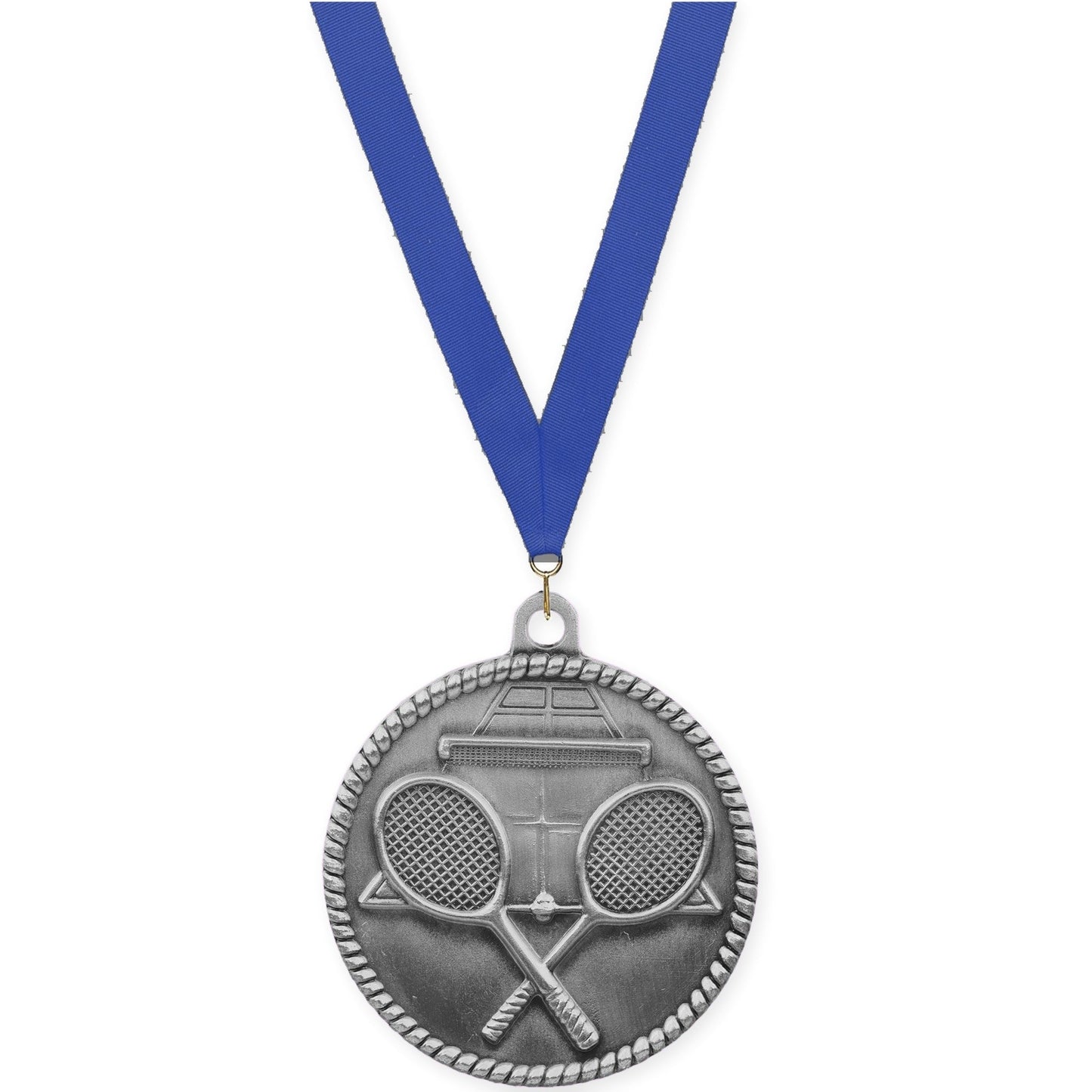 2 inch tennis High Relief medal in antique silver with Blue neck ribbon