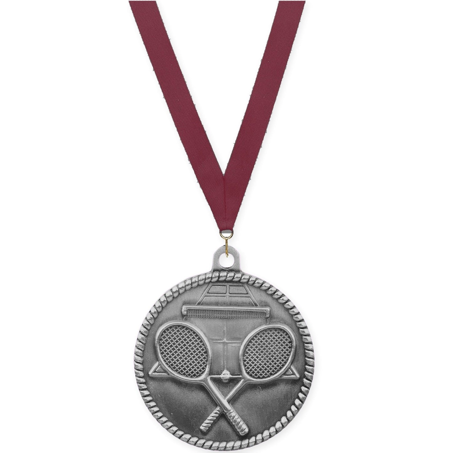 2 inch tennis High Relief medal in antique silver with Maroon neck ribbon