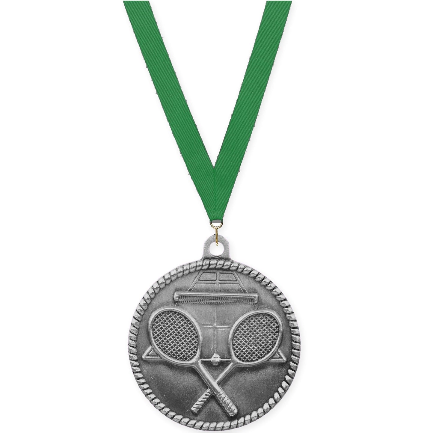 2 inch tennis High Relief medal in antique silver with Green neck ribbon