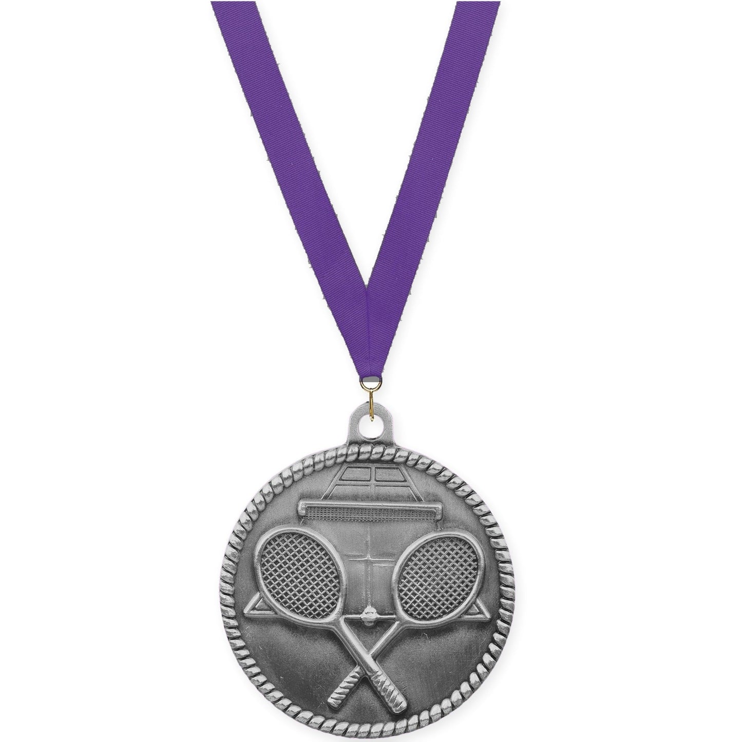 2 inch tennis High Relief medal in antique silver with Purple neck ribbon