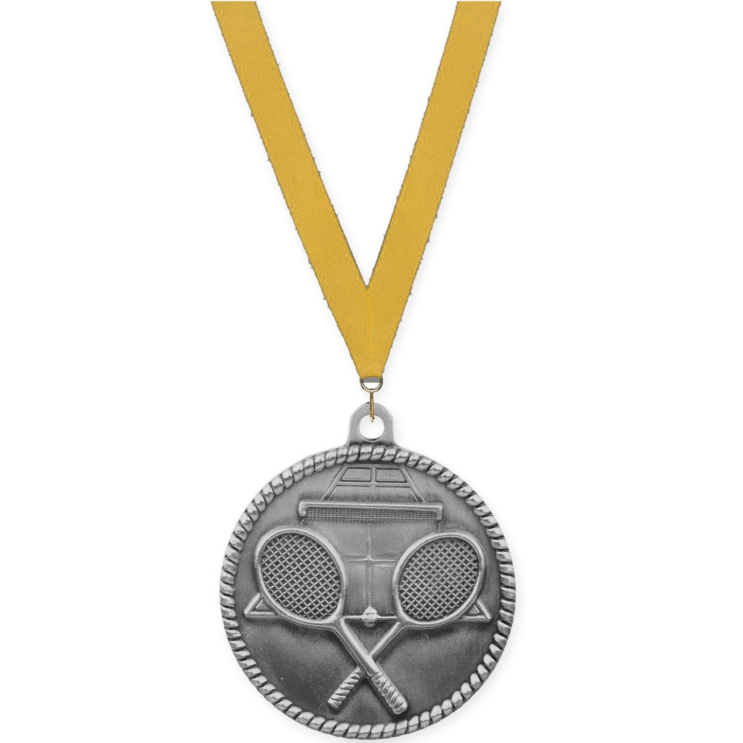 2 inch tennis High Relief medal in antique silver with Gold neck ribbon
