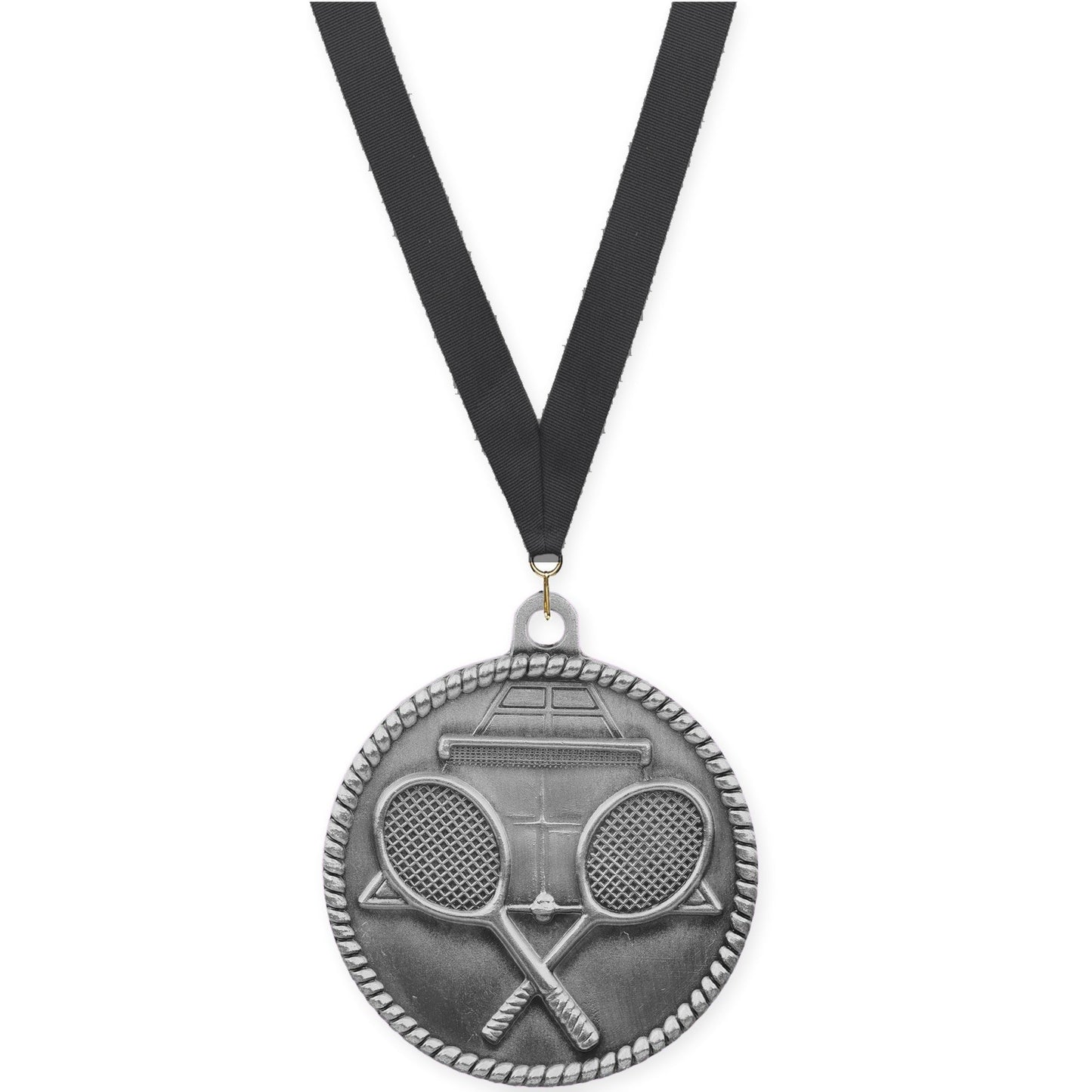 2 inch tennis High Relief medal in antique silver with Black neck ribbon