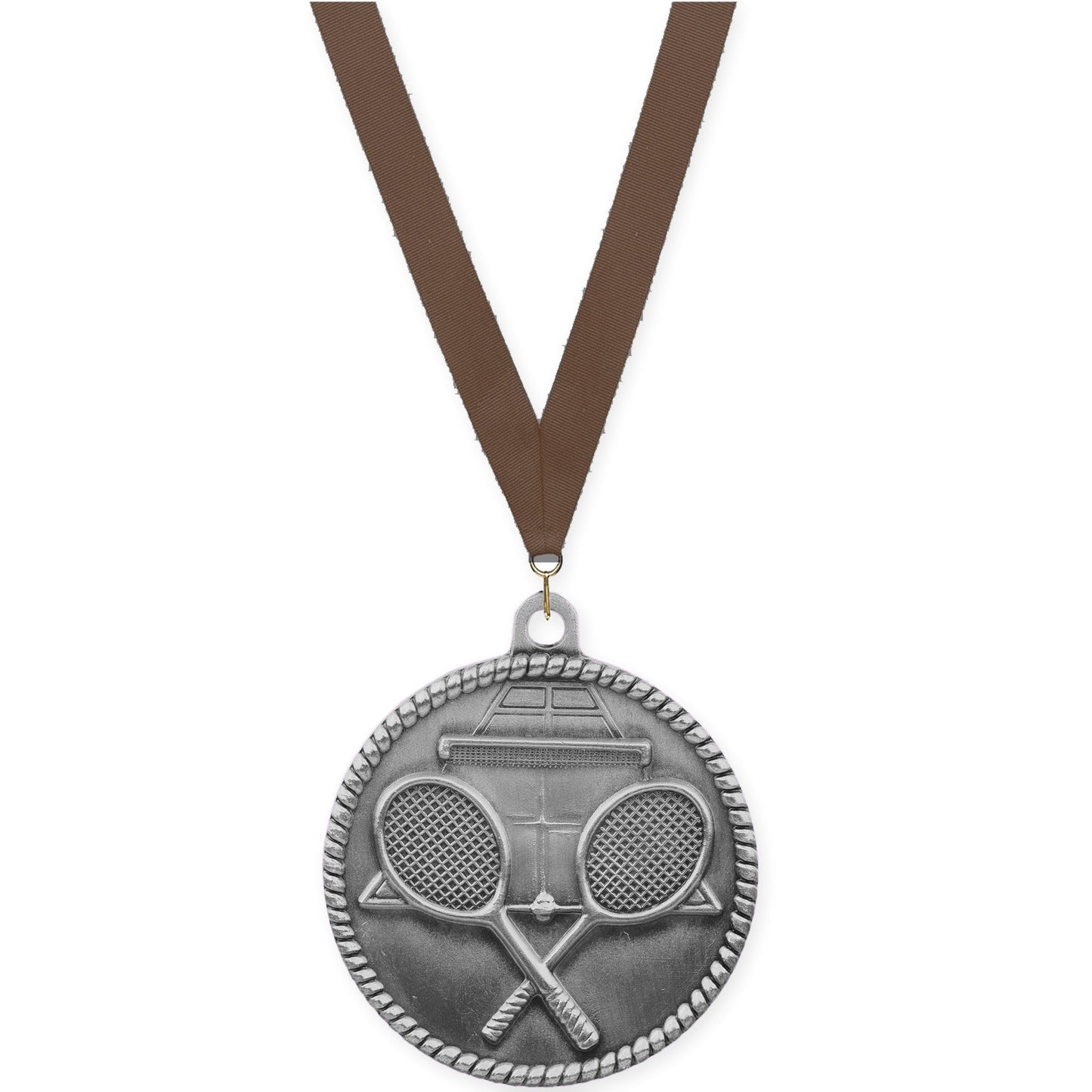 2 inch tennis High Relief medal in antique silver with Brown neck ribbon