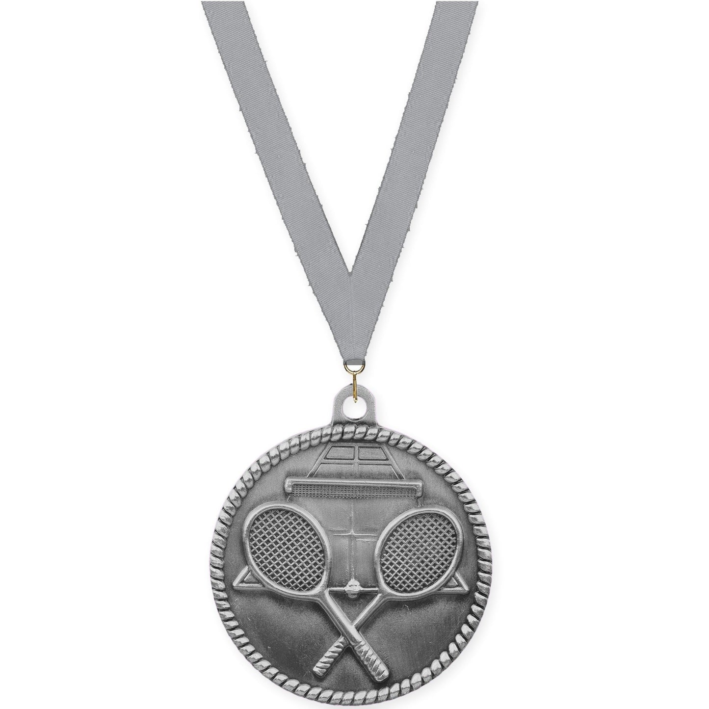 2 inch tennis High Relief medal in antique silver with Gray neck ribbon