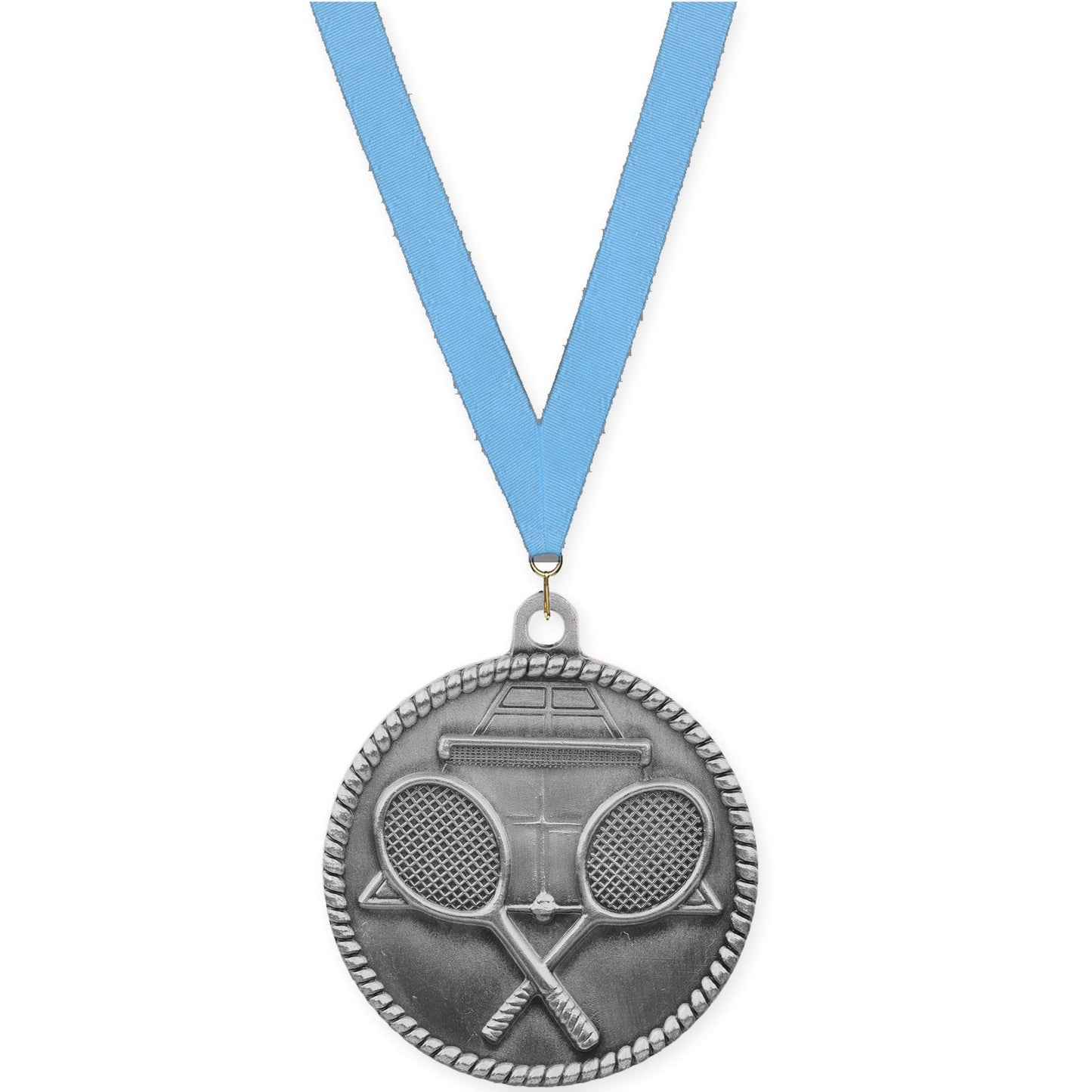 2 inch tennis High Relief medal in antique silver with Light Blue neck ribbon