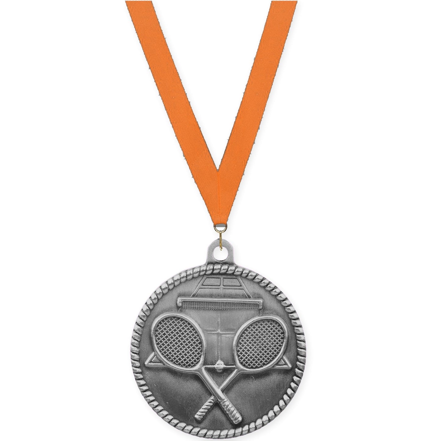 2 inch tennis High Relief medal in antique silver with Orange neck ribbon
