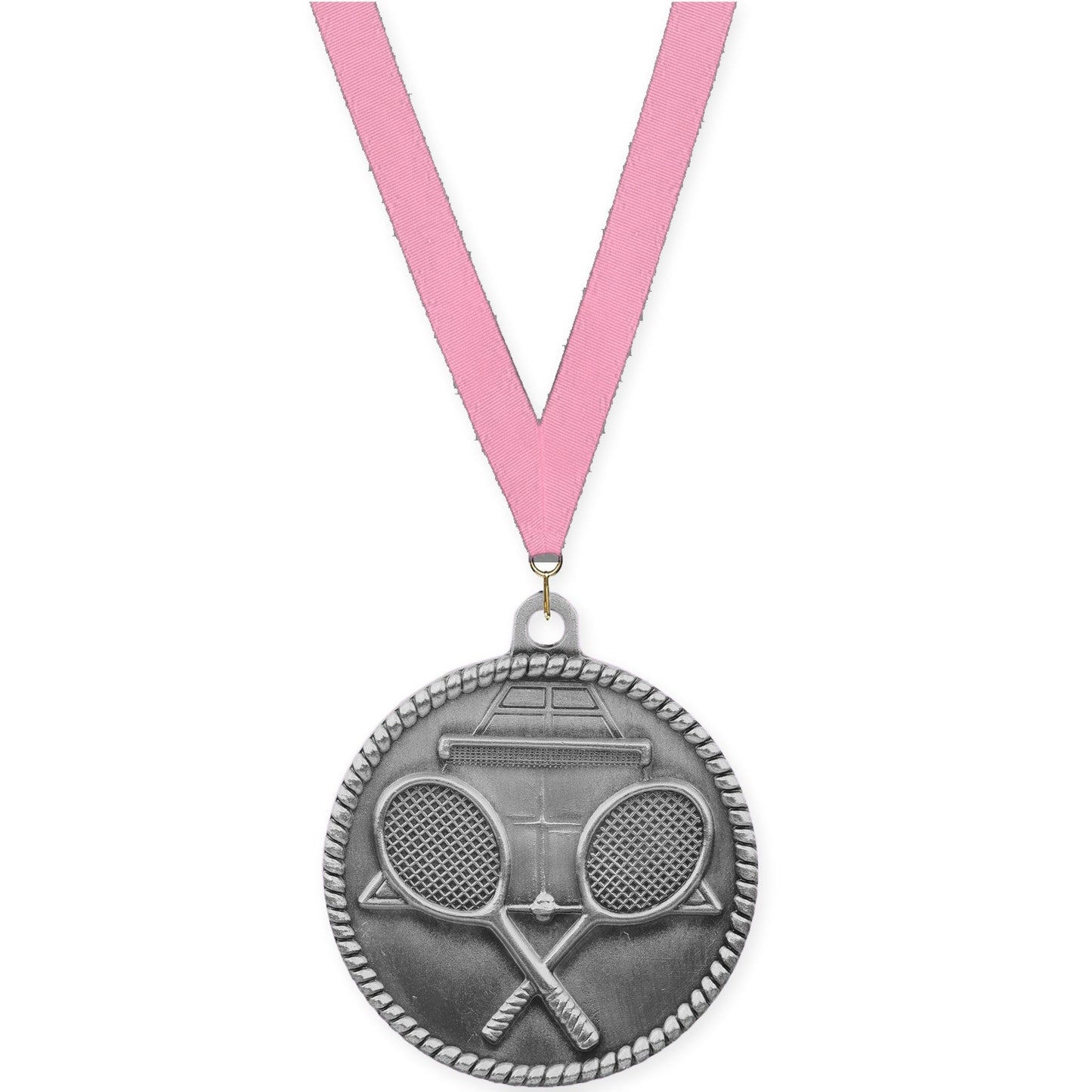 2 inch tennis High Relief medal in antique silver with Pink neck ribbon