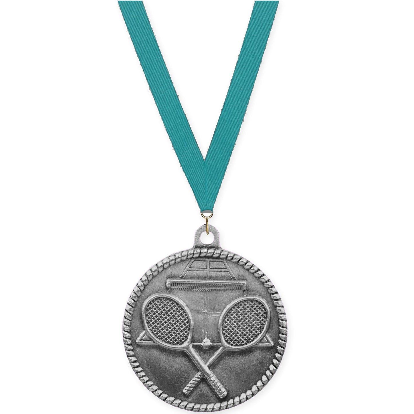 2 inch tennis High Relief medal in antique silver with Teal neck ribbon