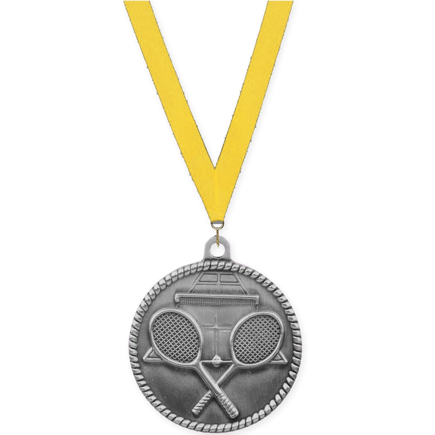 2 inch tennis High Relief medal in antique silver with Yellow neck ribbon