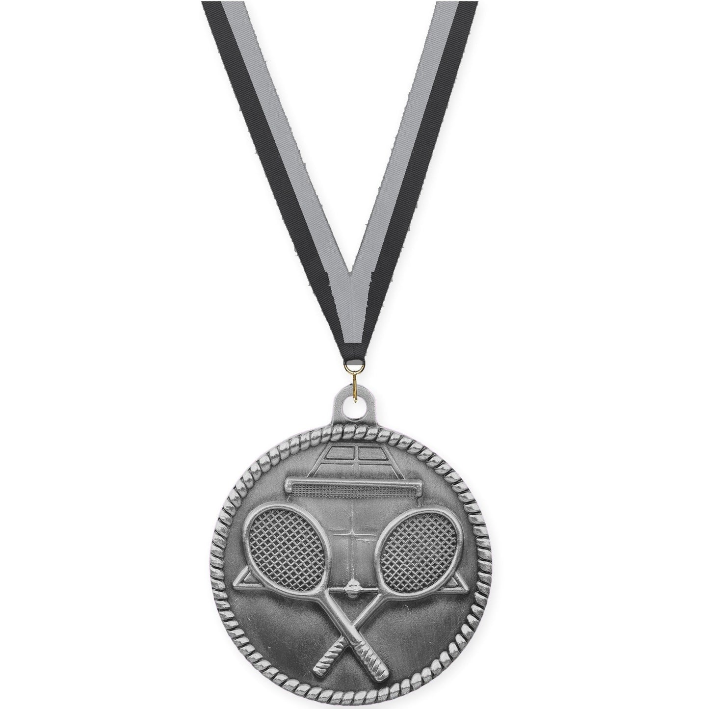 2 inch tennis High Relief medal in antique silver with Black Gray neck ribbon
