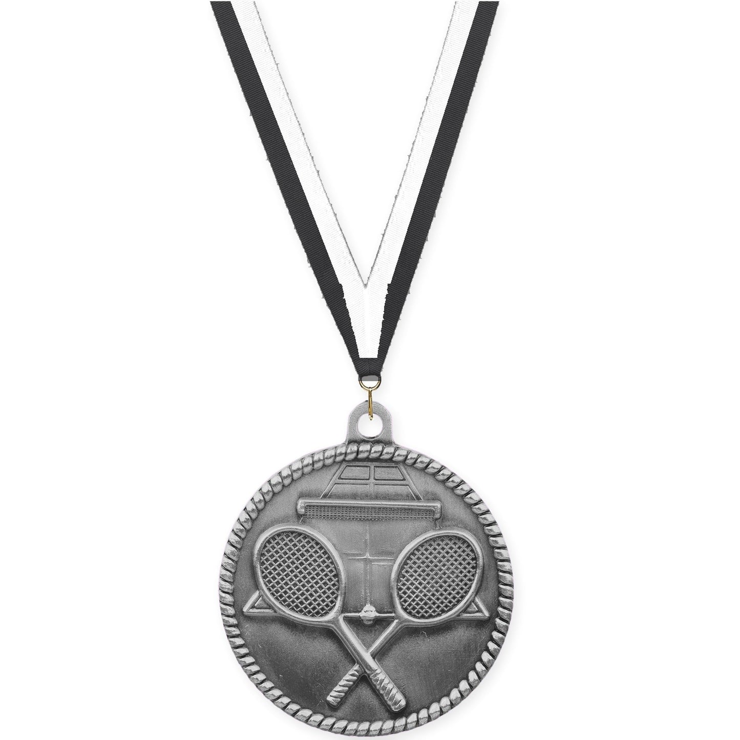 2 inch tennis High Relief medal in antique silver with Black White neck ribbon