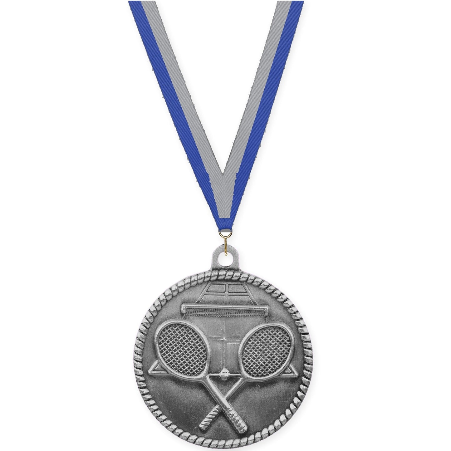 2 inch tennis High Relief medal in antique silver with Blue Gray neck ribbon