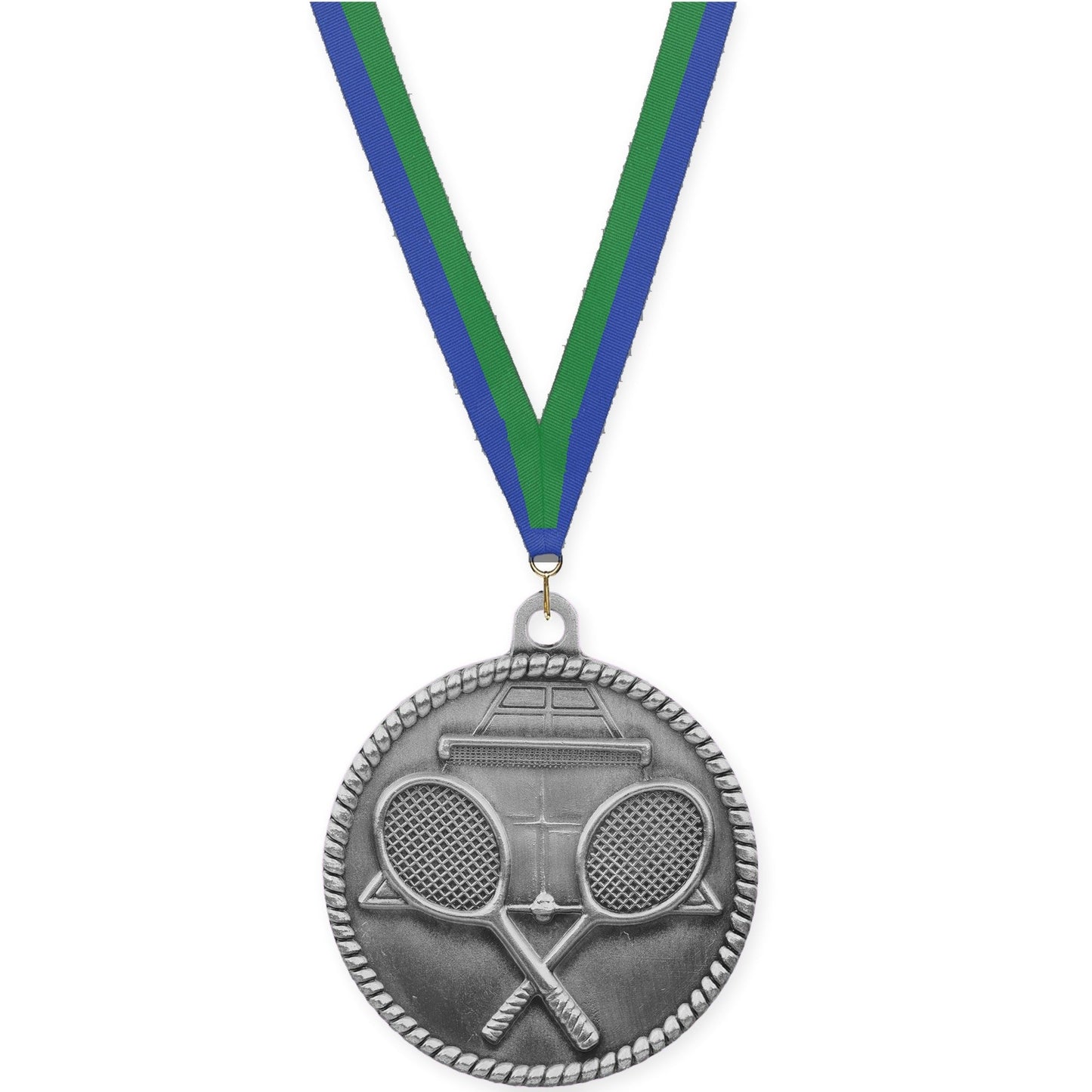 2 inch tennis High Relief medal in antique silver with Blue Green neck ribbon