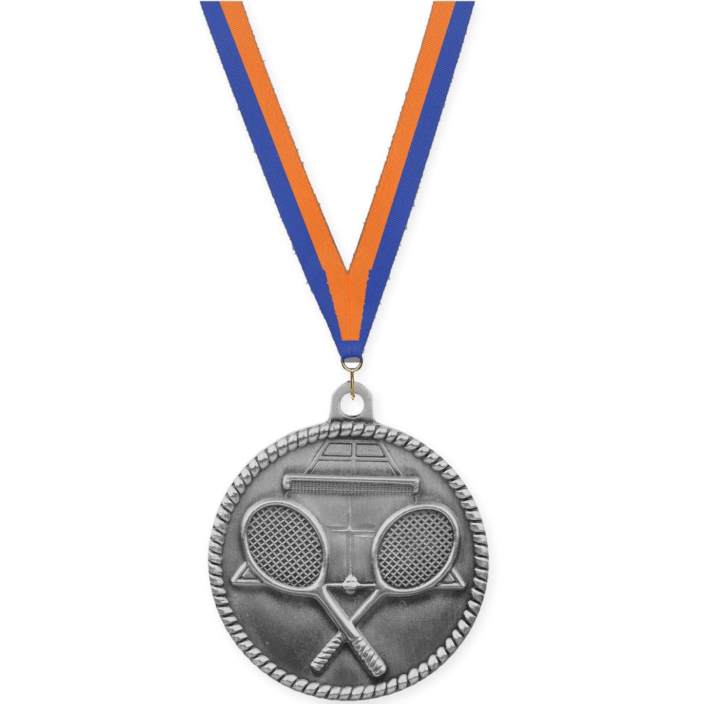 2 inch tennis High Relief medal in antique silver with Blue Orange neck ribbon