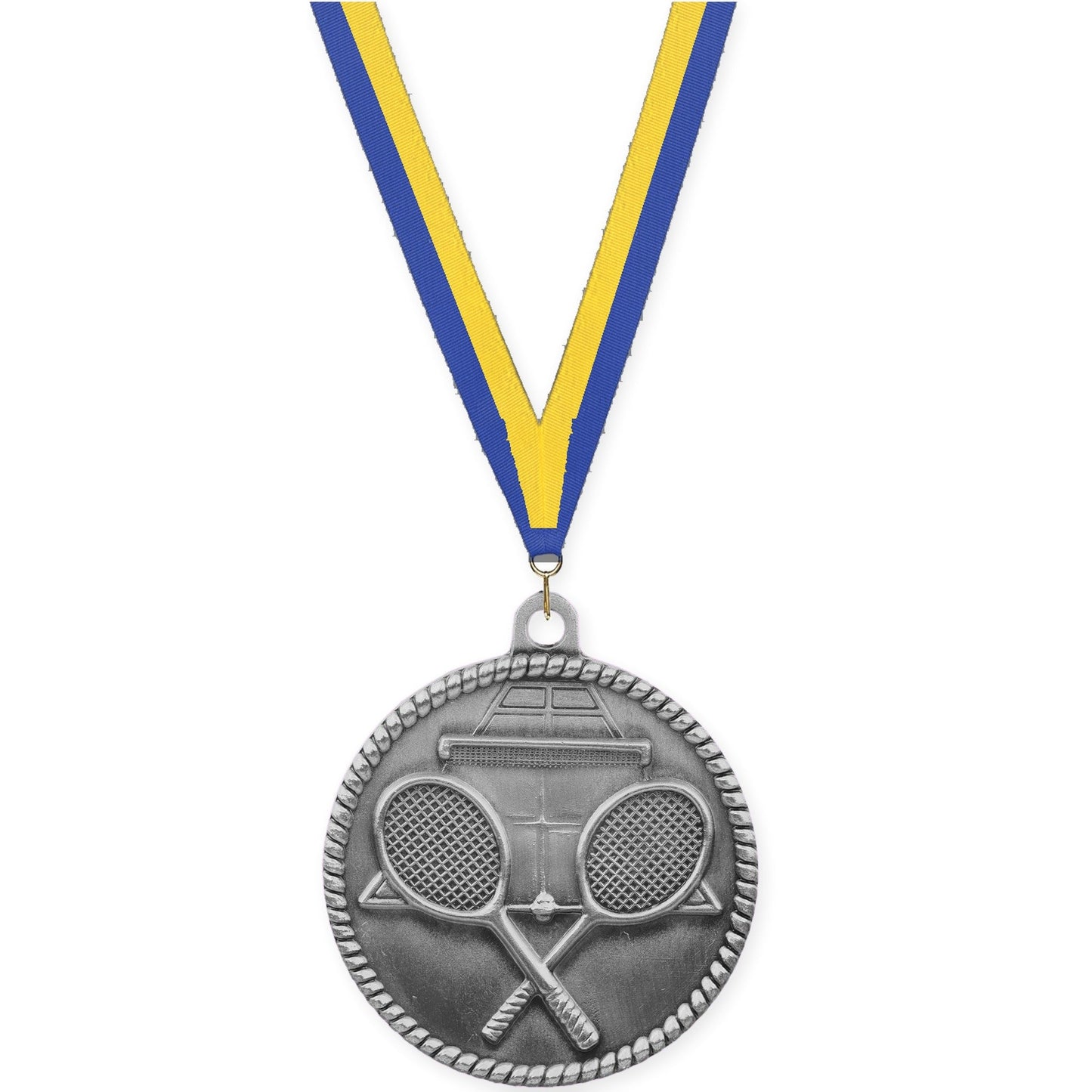 2 inch tennis High Relief medal in antique silver with Blue Yellow neck ribbon