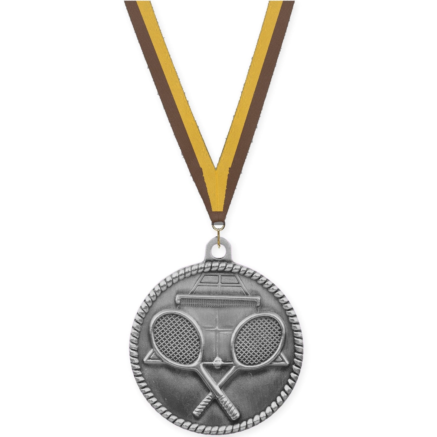 2 inch tennis High Relief medal in antique silver with Brown Gold neck ribbon