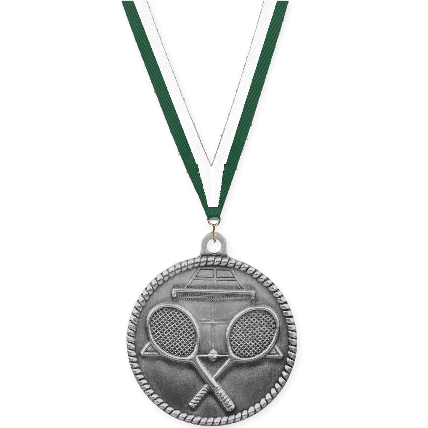 2 inch tennis High Relief medal in antique silver with Hunter Green White neck ribbon