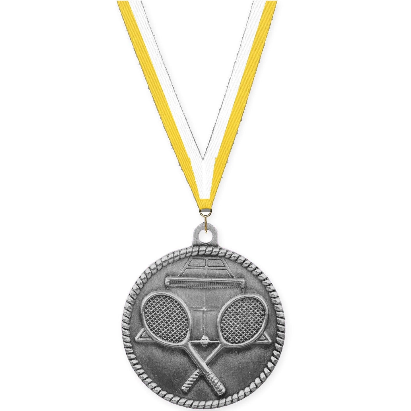 2 inch tennis High Relief medal in antique silver with Yellow White neck ribbon