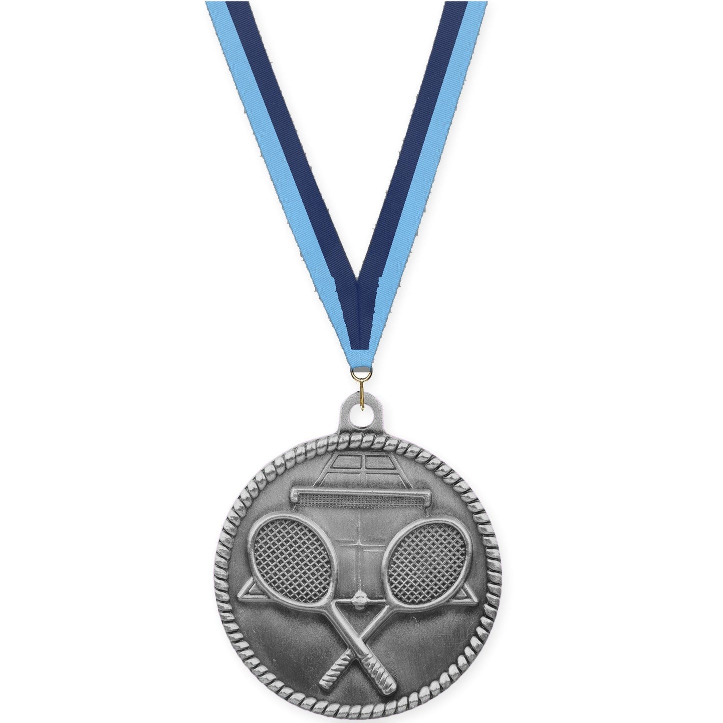 2 inch tennis High Relief medal in antique silver with Light Blue Navy neck ribbon